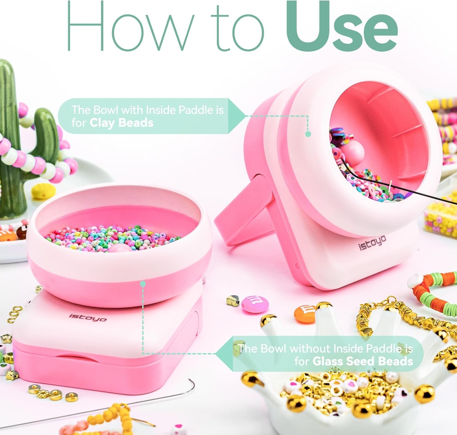 2IN1 Adjustable Electric Clay and Seed Bead Spinner - Dual-Purpose Jewelry Making Tool with Big Eye Beading Needle - Ideal for Bracelets and Necklaces - Vibrant Pink