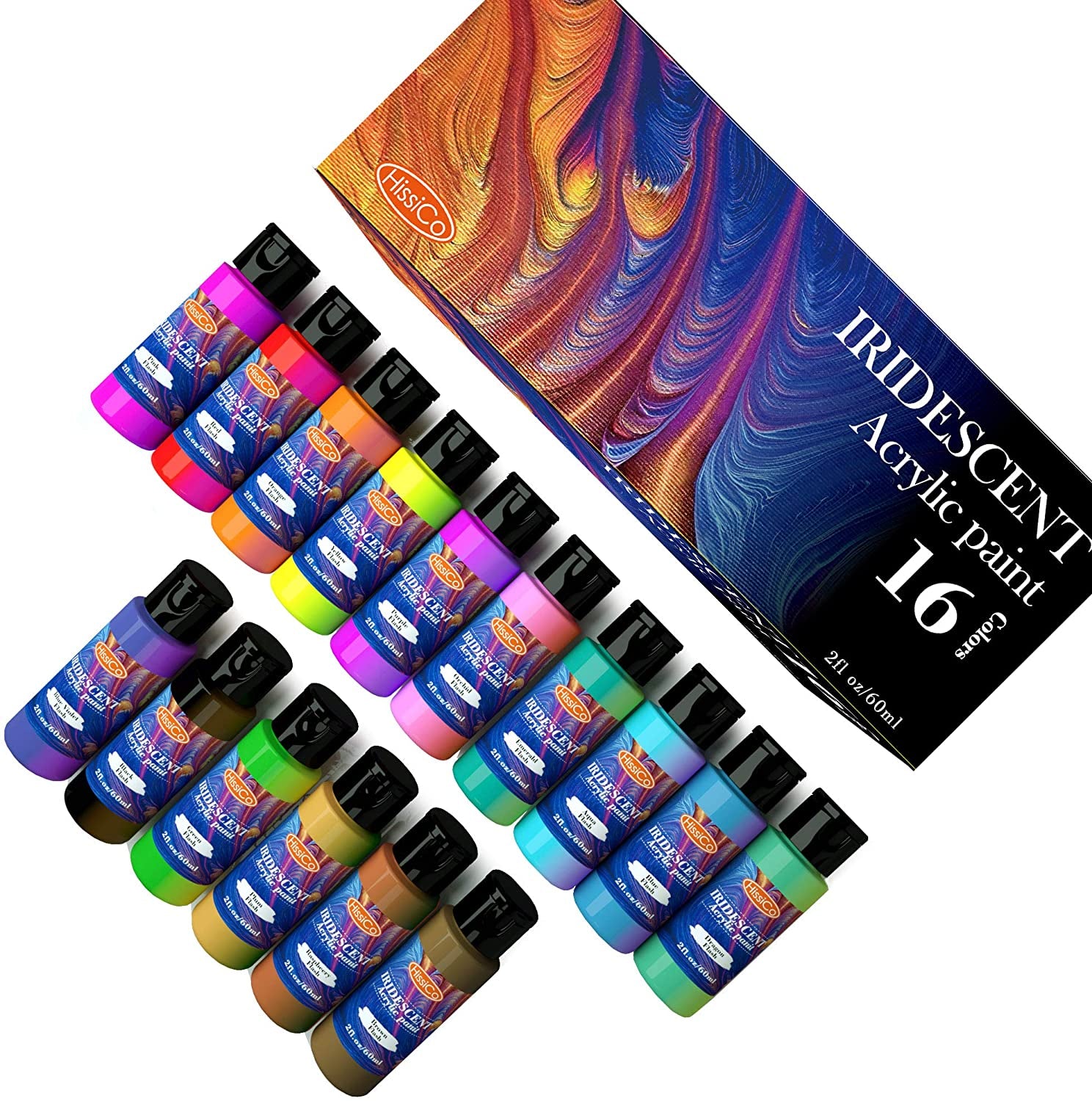 Iridescent Acrylic Paint Set of 16 Chameleon Colors 60Ml 2 OZ Bottles, High Viscosity Shimmer Paint for Artists, Beginners on Rocks, Crafts, Canvas, Wood, Fabric, Ceramic