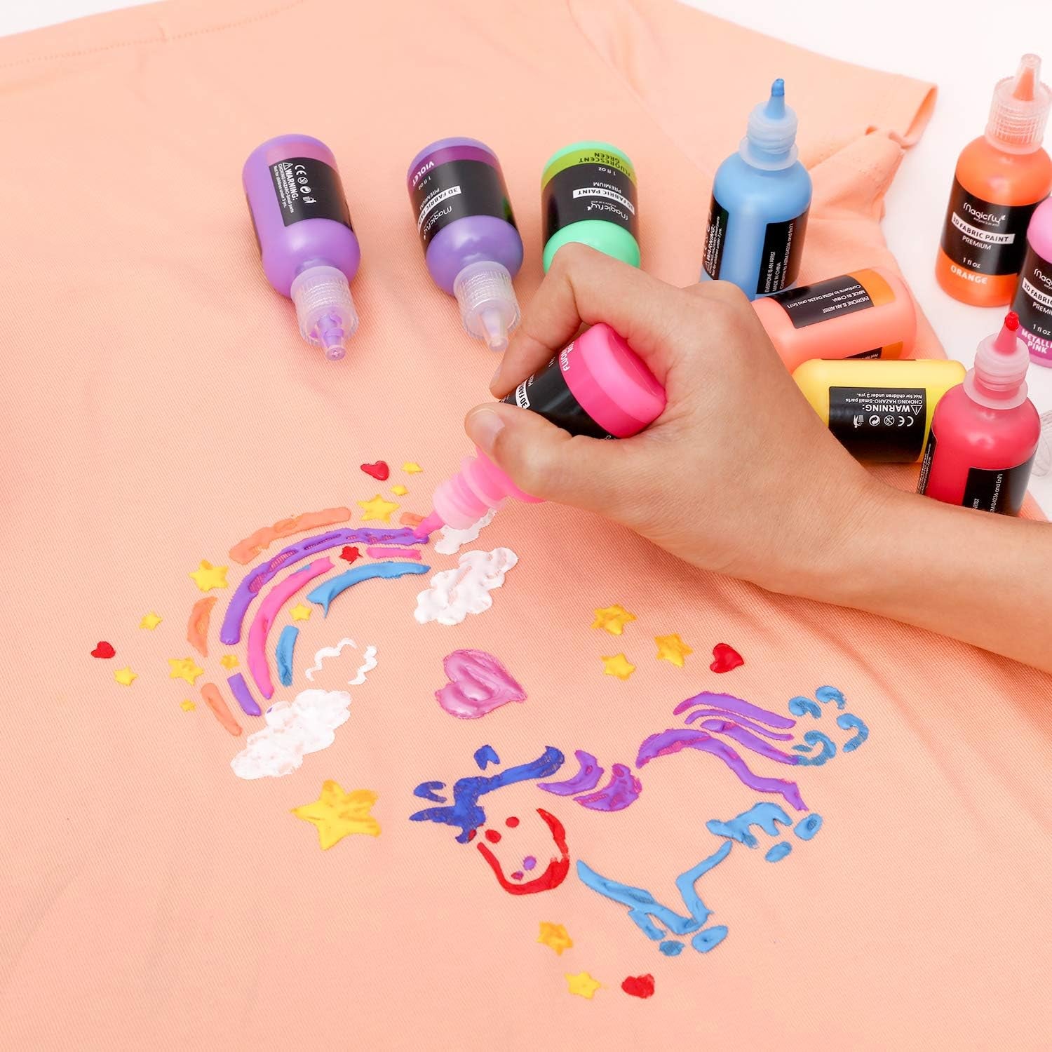 3D Fabric Paint,  40 Colors Permanent Textile Paint with 3 Brushes and Stencils, Permanent Fabric Paint with Fluorescent, Glow in the Dark, Glitter, Metallic Colors for Clothing, T-Shirt, Glas