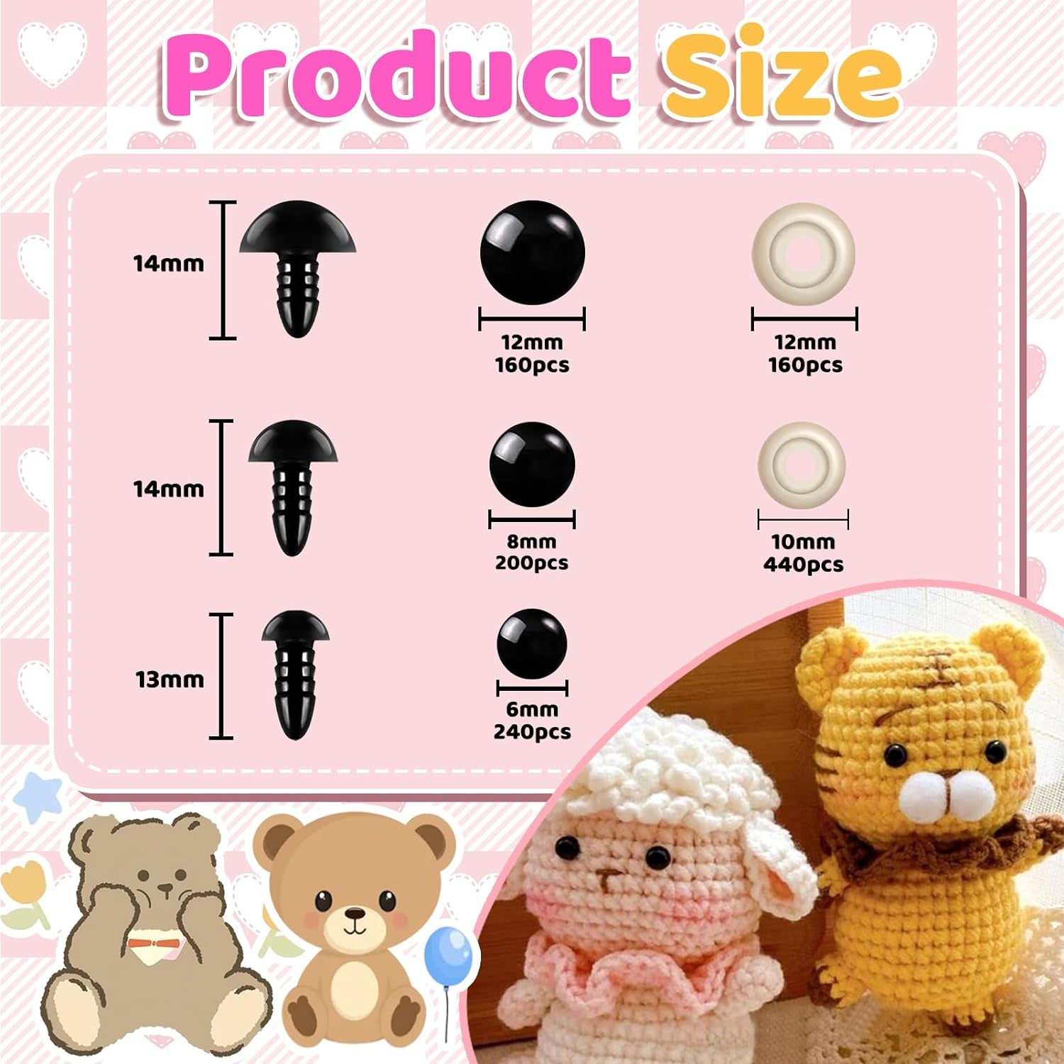 1200PCS Safety Eyes for Amigurumi, Stuffed Crochet Eyes with Washers 6Mm, 8Mm, 12Mm Plastic Crochet Safety Eyes Black Safety Eyes for Crochet Stuffed Animal Eyes for Craft Teddy Bear 6