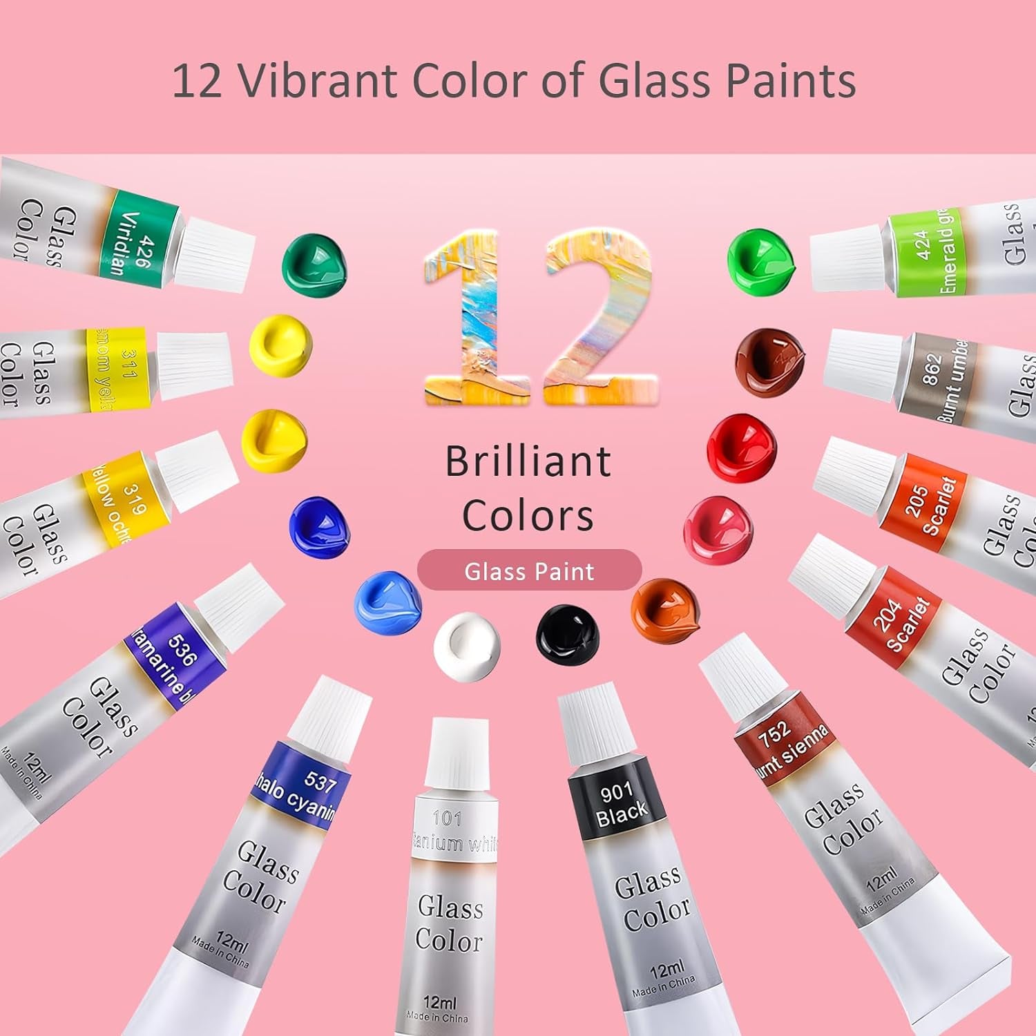 Stain Glass Paint Kit with 12 Colors, 3 Nylon Brushes, 1 Palette, Permanent Acrylic Enamel Painting Set to Create Translucent Arts on Transparent Wine Glasses, Enamel, Window and Glass