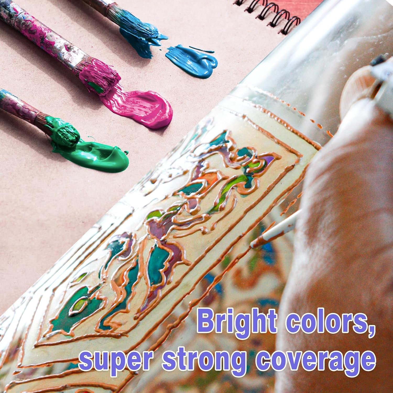 Stain Glass Paint Set with 6 Brushes, 1 Palette & 1 Sponge, 26 Colors Waterproof Permanent Glass Painting Kit for Arts on Wine Glasses,Bottle and Windows