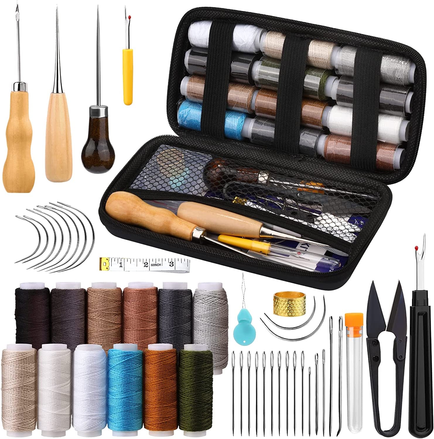 Upholstery Repair Kit, 48Pcs Leather Sewing Kit with Upholstery Thread, Sewing Awl, Seam Ripper, Needles, Thimble Leather Stitching Kit for Carseat Carpet Shoes Backpack Repair DIY Crafting
