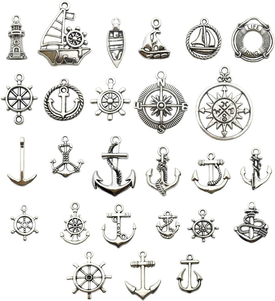 Nautical Charm Collection-50 Pcs Craft Supplies Nautical Ship Wheel Anchor Lig Charms Pendants for Crafting, Jewelry Findings Making Accessory for DIY Necklace Bracelet (M066)