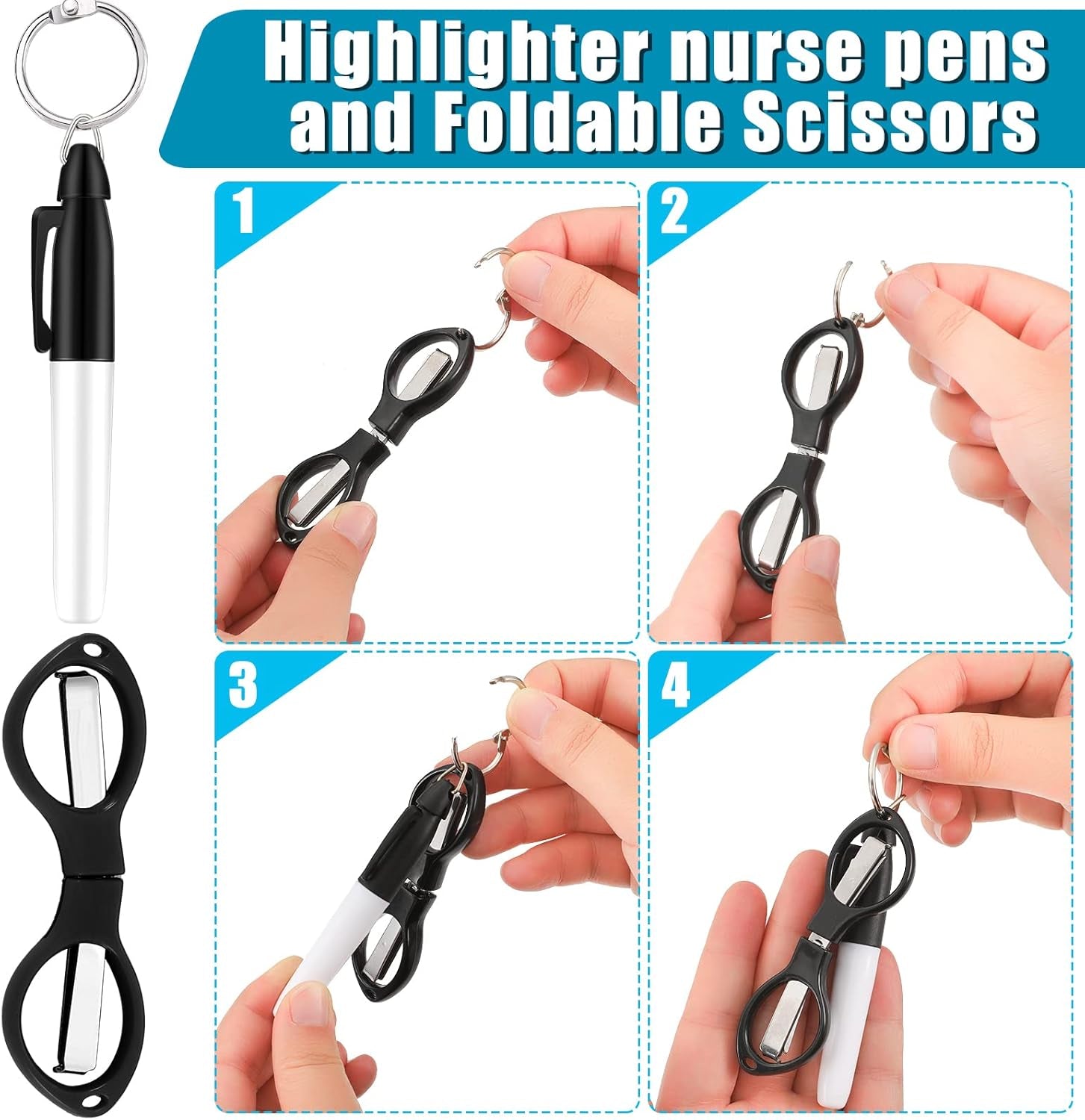 15 Pieces Folding Safety Scissors for Nurse Plastic Handle Mini Folding Scissors Nurse Pen Set Permanent Markers Fine Point Nurse Pen Pack Silver Ring Foldable Keychain Scissors (Assorted Color)
