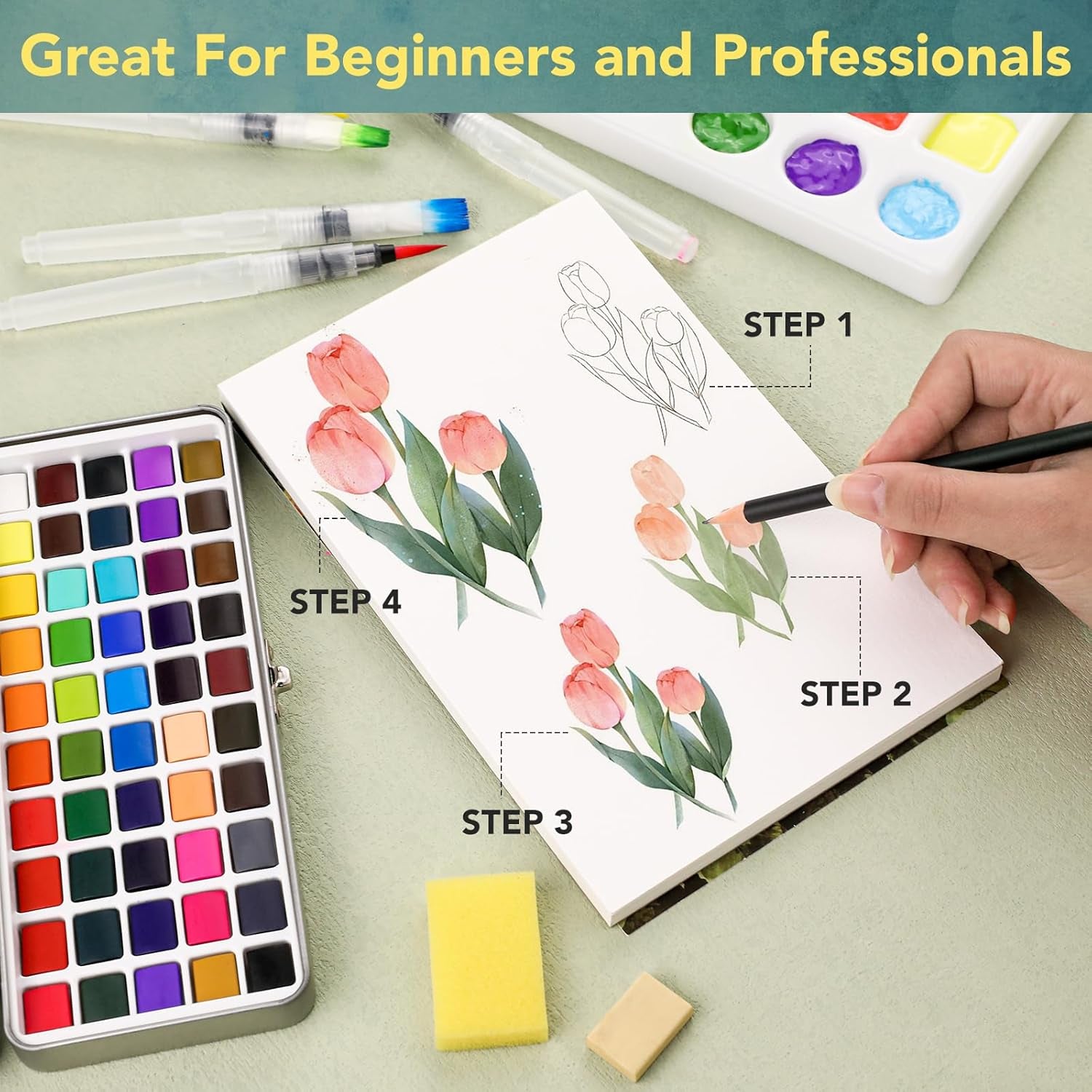 100 Colors Watercolor Paint Set,In Portable Box,Include Pearl Light & Fluorescent Color, 10 Painting Brushes, 6 Water Brush Pens, Pad, Palette and Everything Else You Need, Travel Kit