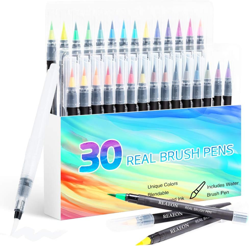Watercolor Brush Pens, Real Brush Pen, 30 Watercolor Painting Markers with Flexible Nylon Brush Tips for Coloring, Calligraphy and Drawing (1 Water Brush Pens for Blending)