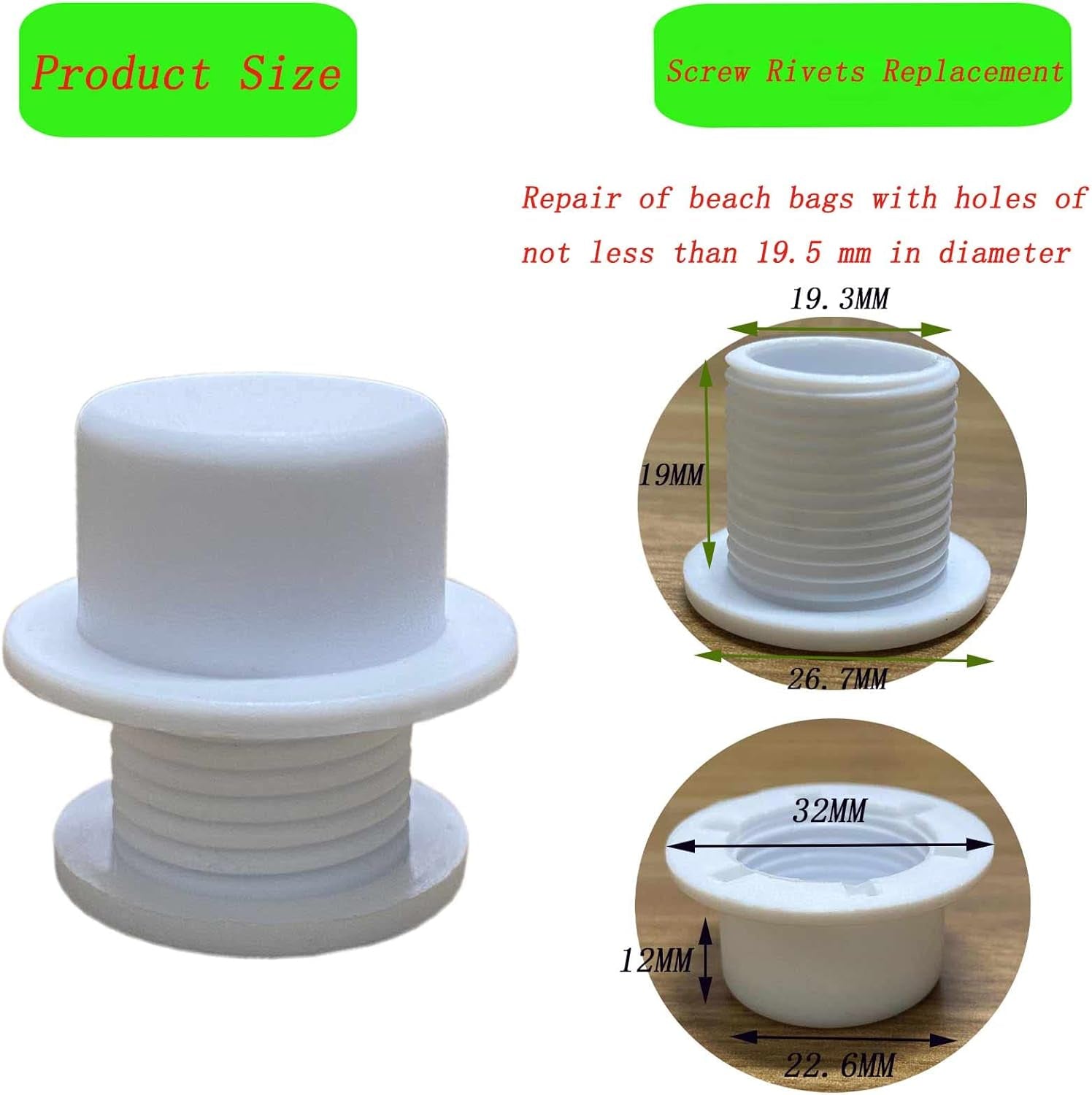 6 Sets Screw Replacement Rivets for Simply Large Tote Beach Bag Handles Straps Accessories Compatible for Strap Hole Diameter Not below 19.5Mm Beach Bag (White)