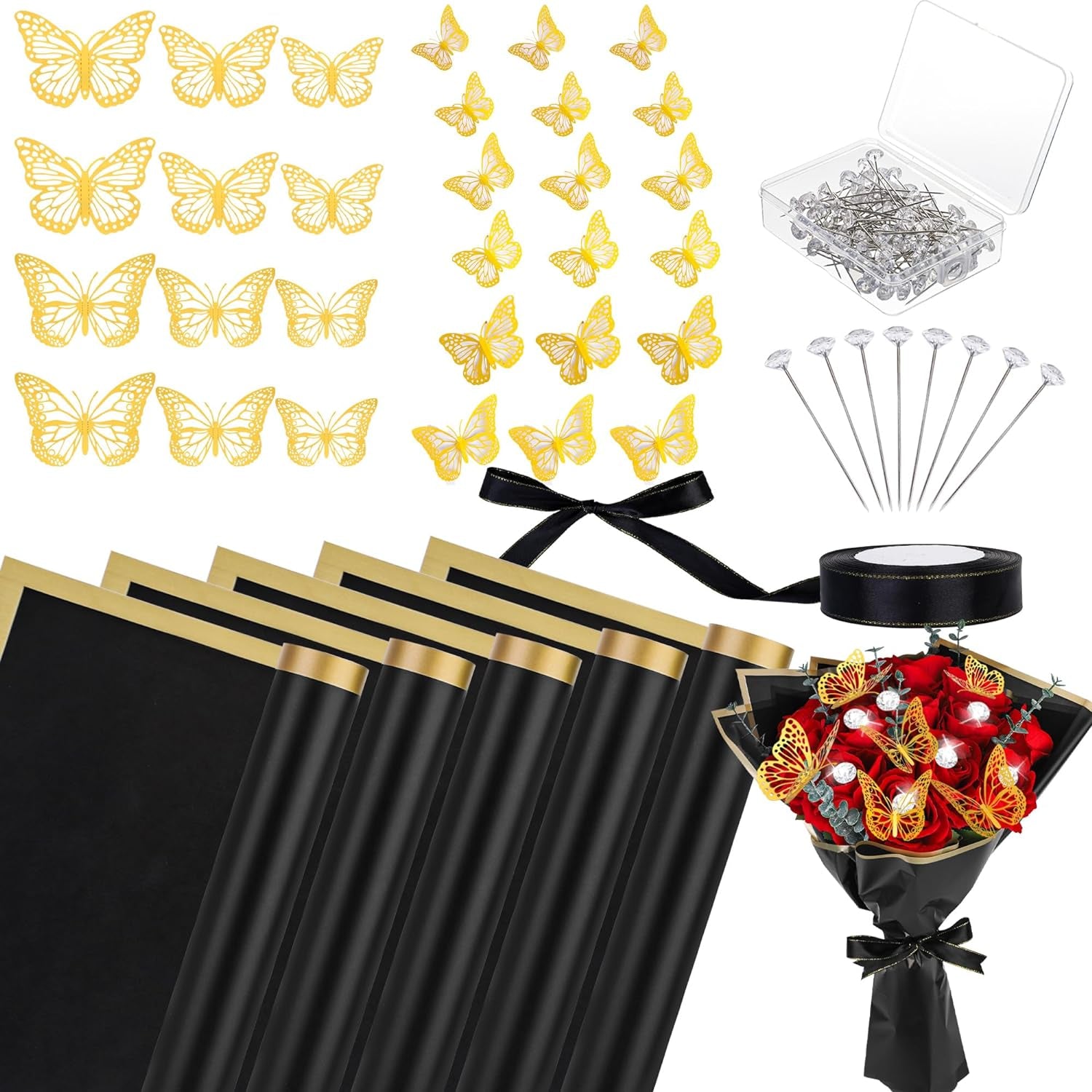 40 Sheets Flower Wrapping Paper Kit Floral Bouquet Wrap Paper with 2 Rolls Ribbons 100 Pcs Flower Pins 48 Pcs 3D Butterflies for Valentine Mother'S Day Wedding Birthday Graduation DIY Gift (Black)