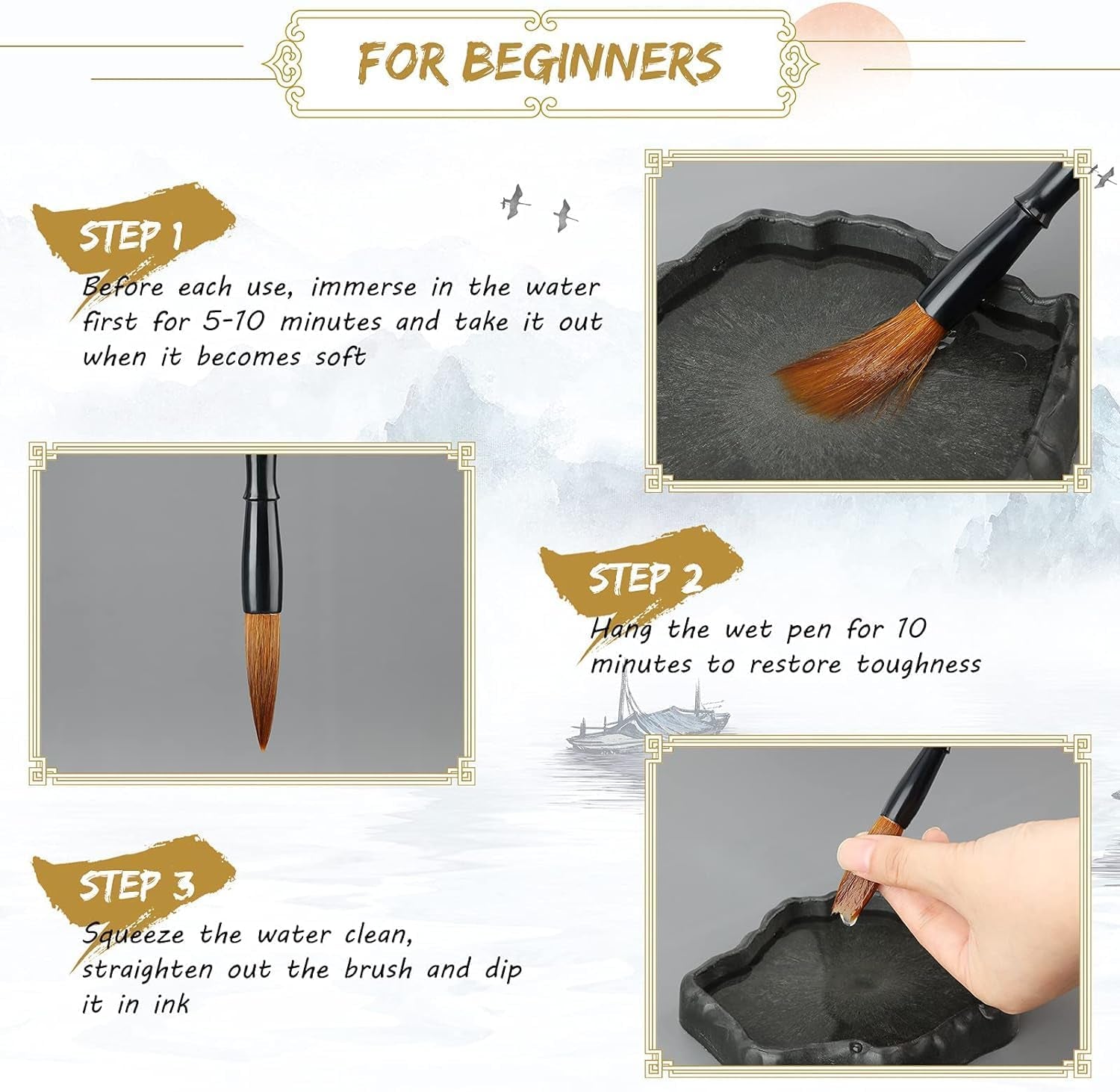 10Pcs Chinese Calligraphy Brushes Set, Painting Writing Brush, Kanji Japanese Sumi Drawing Brushes with Roll-Up Bamboo Brush Holder,Watercolor Art Brushes for Beginners