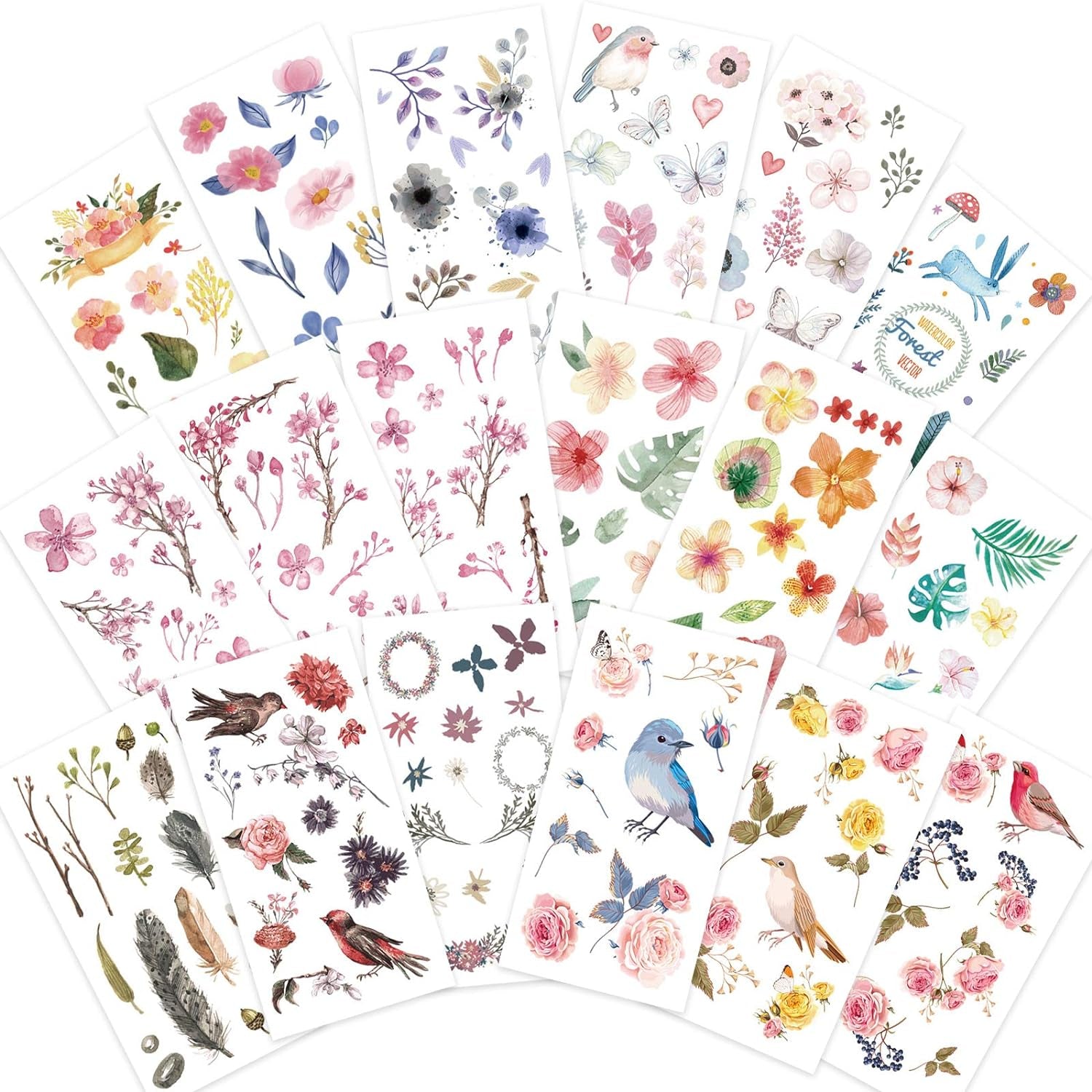 Watercolor Birds and Flowers Stickers Set - Decorative Sticker for Scrapbooking, Kid DIY Arts Crafts, Album, Bullet Journaling, Junk Journal, Planners, Calendars and Notebook