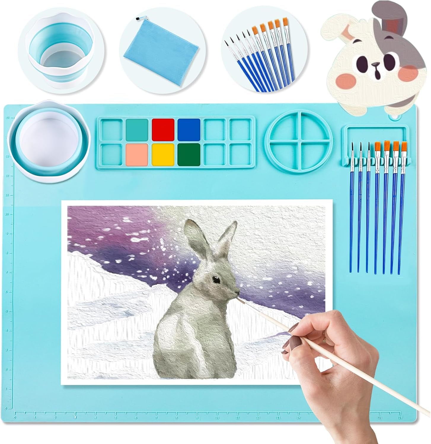 Silicone Craft Mat 20X16 Inch Large Silicone Art Mat with Detachable Cup Painting Mat with 10 Painting Brushes Silicone Drawing Mat Sheets for Kids Adult DIY Accessories (Blue)
