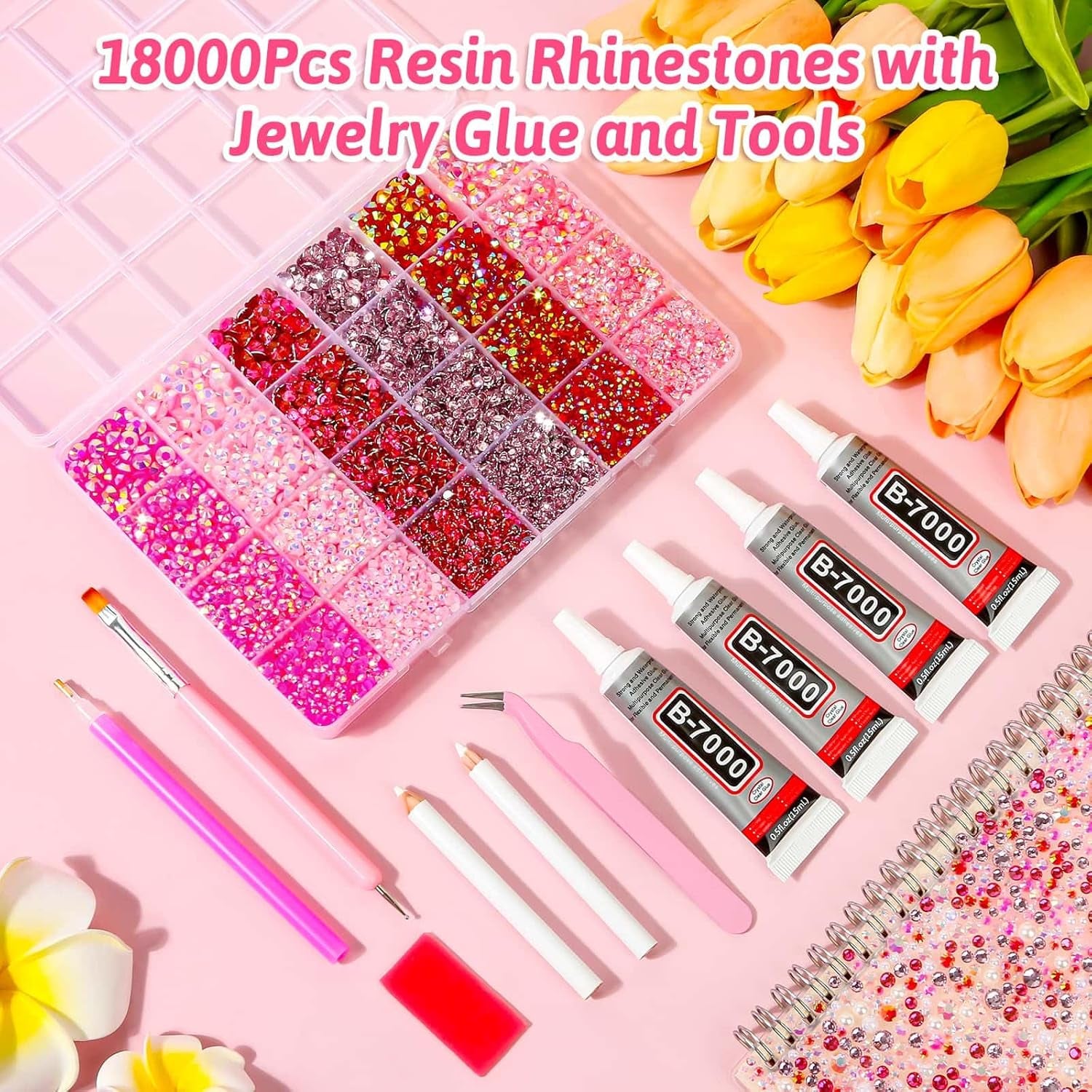 B7000 Glue with 18000Pcs Rhinestones for Crafting, Flat Back Rhinestone Kit Non Hotfix Resin Gems with Clear Jewelry Glue for Clothes Shoes Tumbler Nail Art Makeup Jewelry Making