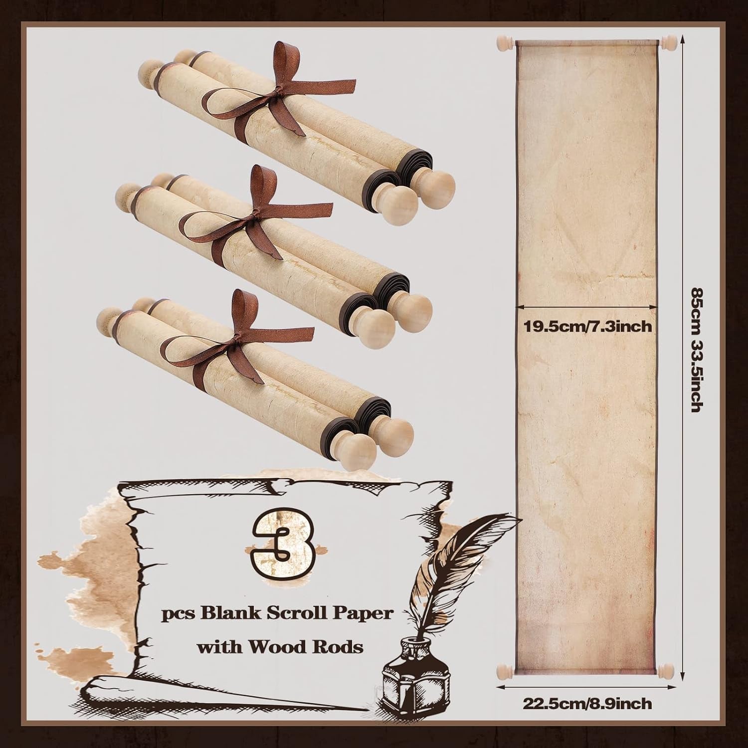 3 Pcs Vintage Blank Paper Scroll 7.28 X 30-32 Inches on Wood Rods Long Aged Scroll Paper Quick Drop Blank Scroll for Writing Drawing, Handwritten Calligraphy