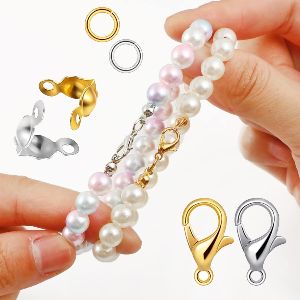 1000PCS Jewelry Making Accessories Set, 100 Lobster Claw Clasps 300 Crimp Beads Crimp Beads Clasps Caps 600 Open Jump Ring Connectors for DIY Bracelet Necklace Crafts Jewelry Making(Silver)