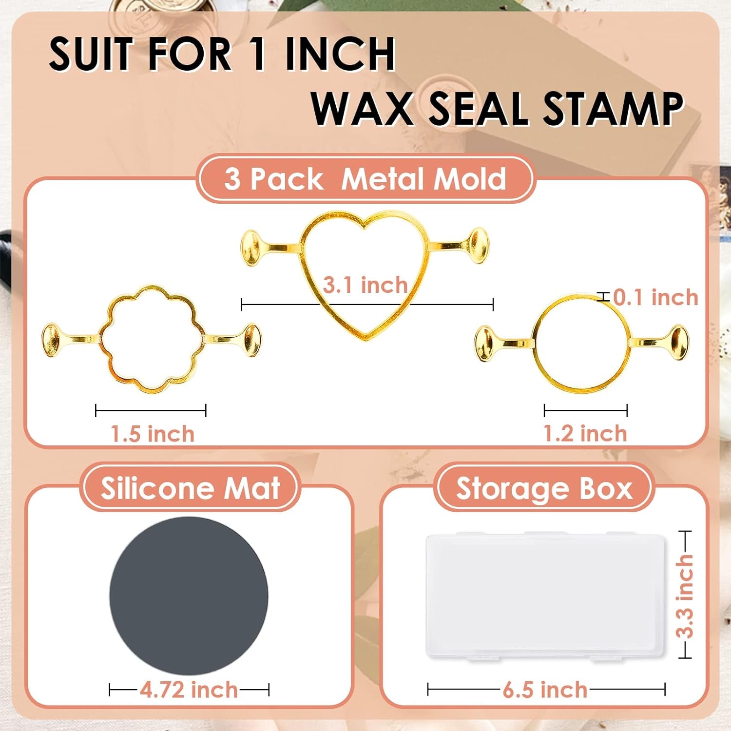 3-Pack Metal Wax Seal Molds with round Flower Heart Shape for 1 Inch Wax Seal Stamp, Silicone Wax Seal Mat, DIY Craft Adhesive Waxing for Wedding Invitations Envelopes Cards Gifts Wine Wrapping
