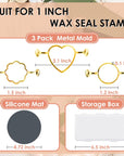 3-Pack Metal Wax Seal Molds with round Flower Heart Shape for 1 Inch Wax Seal Stamp, Silicone Wax Seal Mat, DIY Craft Adhesive Waxing for Wedding Invitations Envelopes Cards Gifts Wine Wrapping
