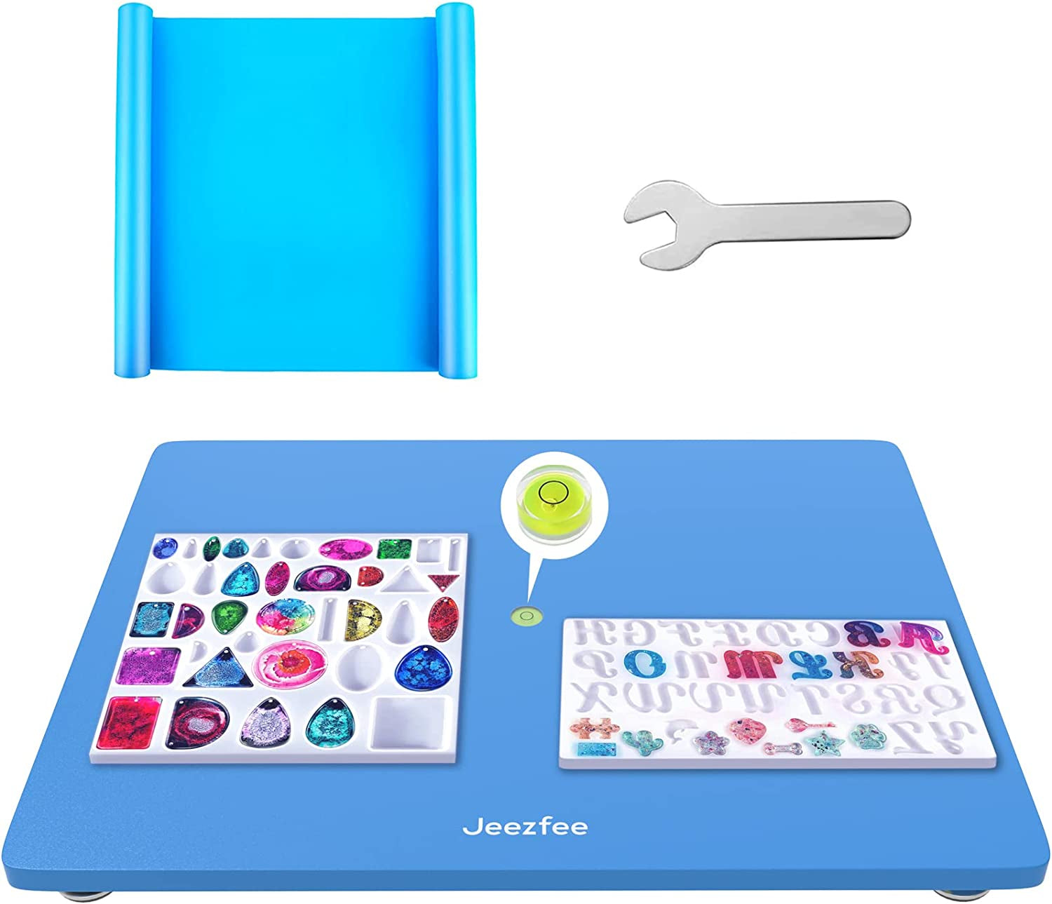 Resin Leveling Table, 16" X 12" Adjustable Resin Table with Silicone Mat, Resin Accessories, Multipurpose Leveling Table for Resin Molds, Paint Projects, Acrylic Pouring Tool (Blue)