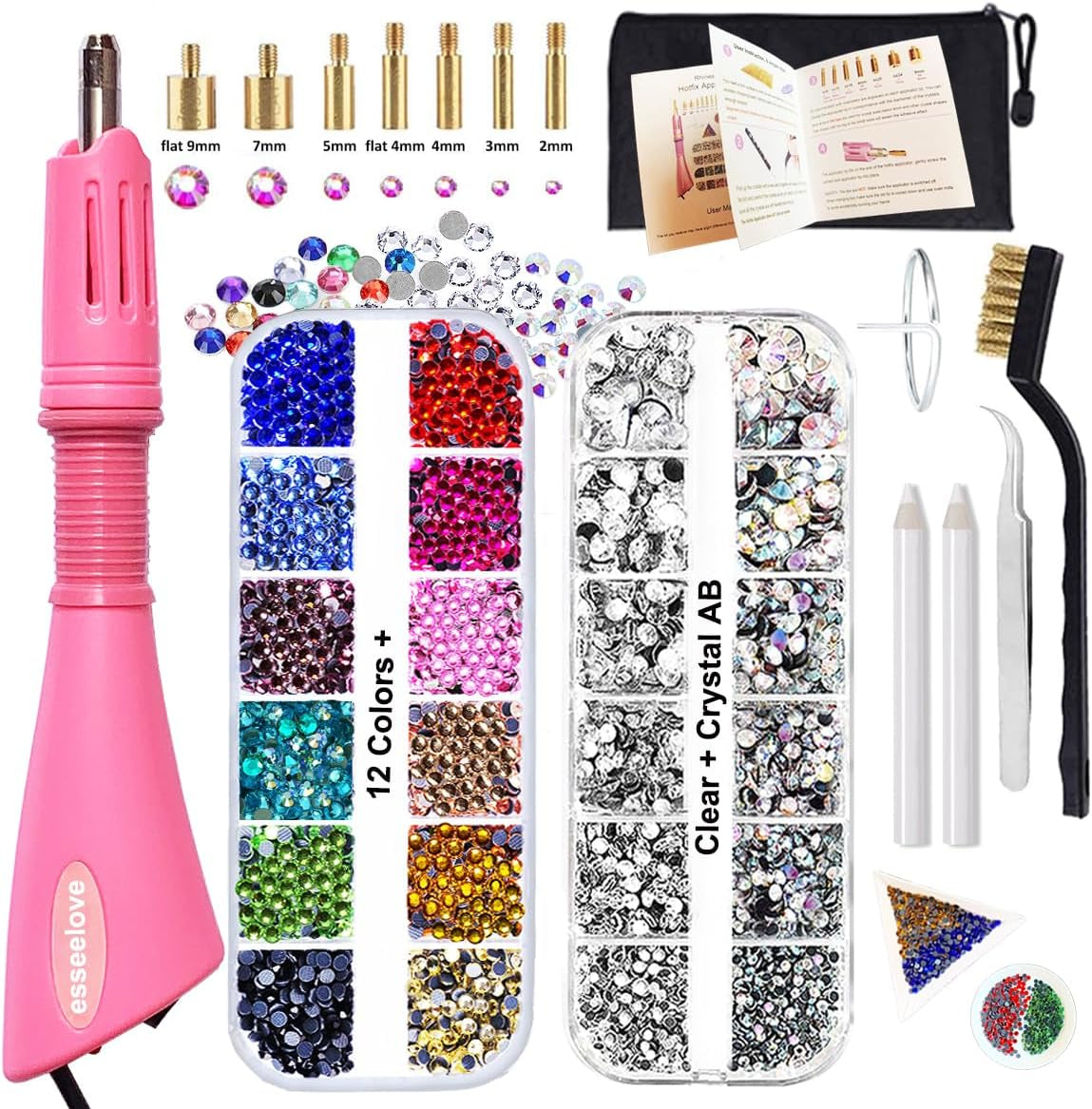 Hotfix Applicator, DIY Hot Fix Rhinestone Setter, Hot Fixed Wand Kit, 4536 Pcs, AB, Clear, 12 Colors, Gem Picker, Brush, Trays, Bag, Bedazzler Kit with Rhinestones