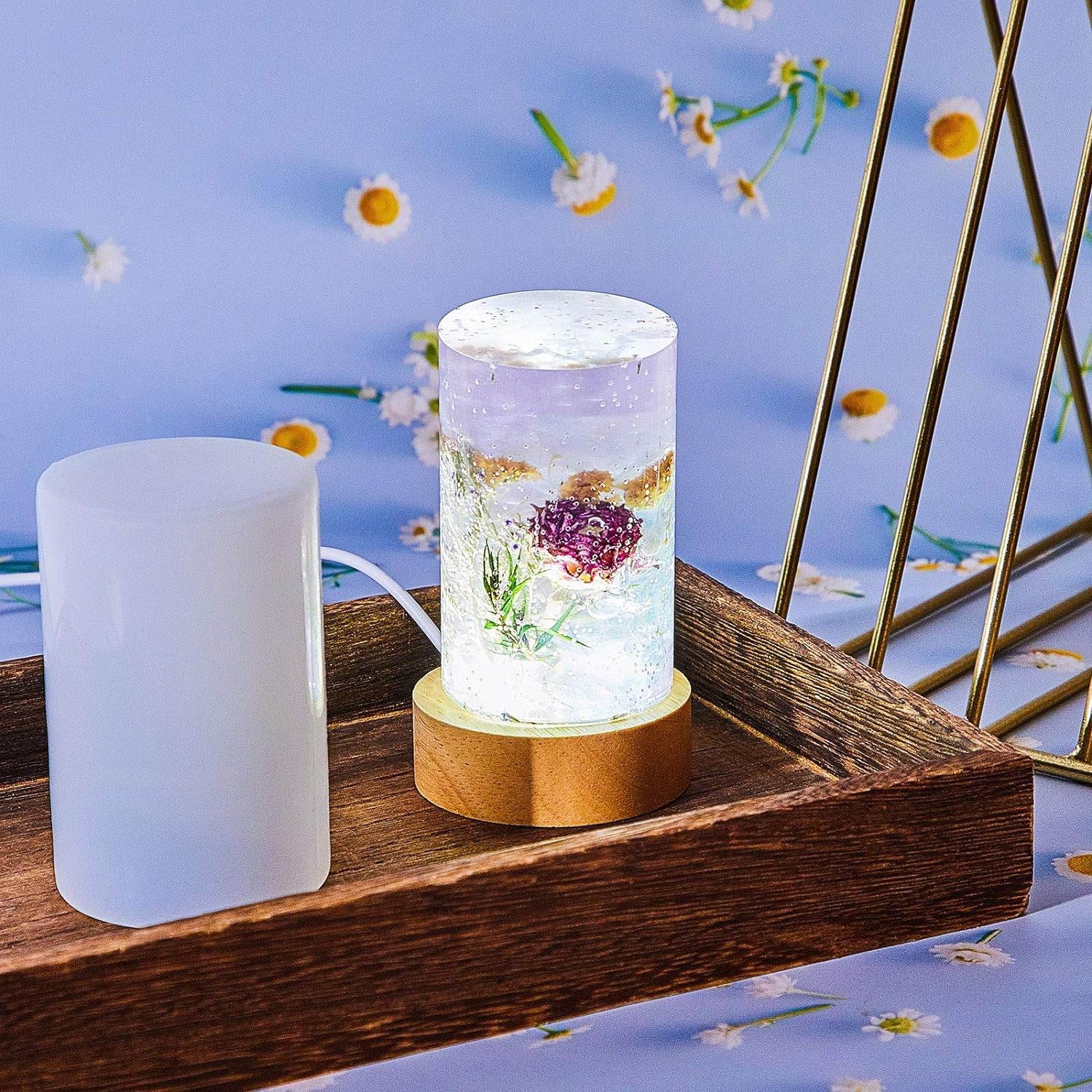 3 Pieces Cylinder Light Resin Silicone Mold Set, Include Resin Cylinder Light Mold and USB Powered Wooden Lighted Base Stand for DIY Table Candle Desktop Lamp Ornaments Home Decorations