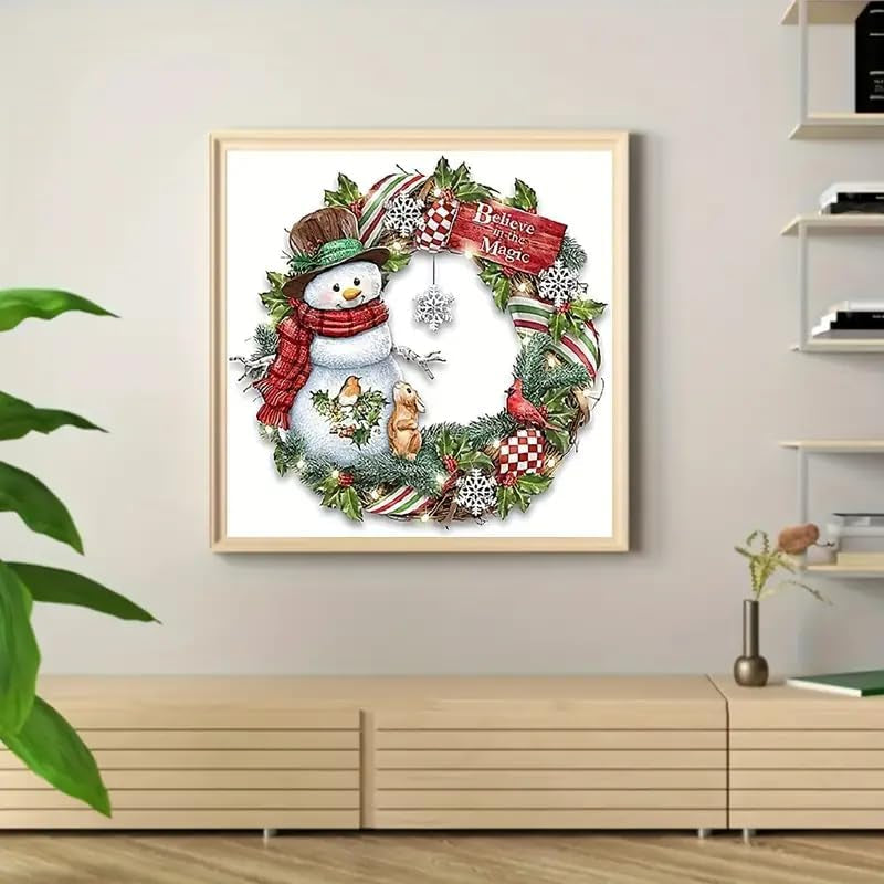 Christmas Diamond Painting Kits,Snowman Wreath Diamond Art Kit for Adults, Winter 5D Paint with Diamond Full Drill for Christmas,Wall Decor12X12