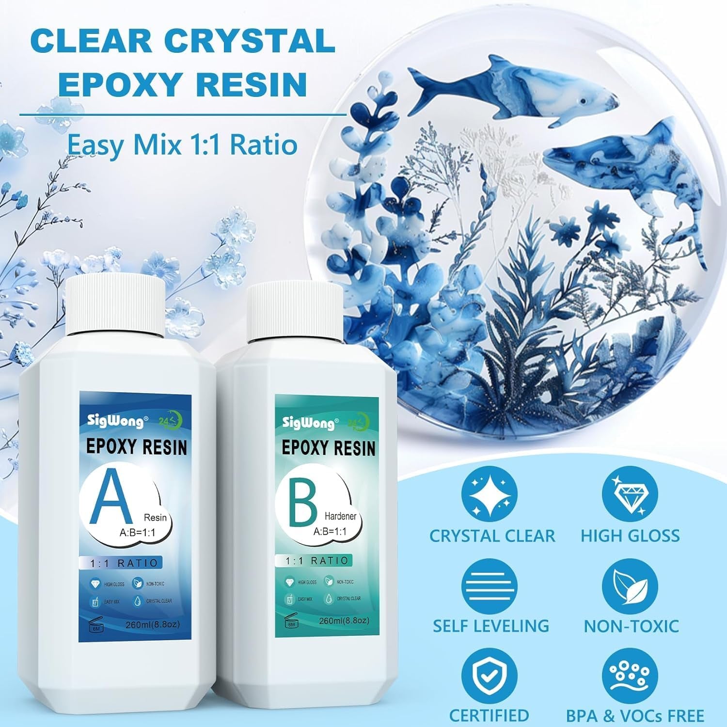 Epoxy Resin - 17.6OZ Crystal Clear Coating Kit, Not Yellowing No Bubble Easy Mix 1:1 Ratio, 2 Part Casting Resin for Art, Craft, Jewelry Making, River Tables, with Pigment, Gold Foil Flakes