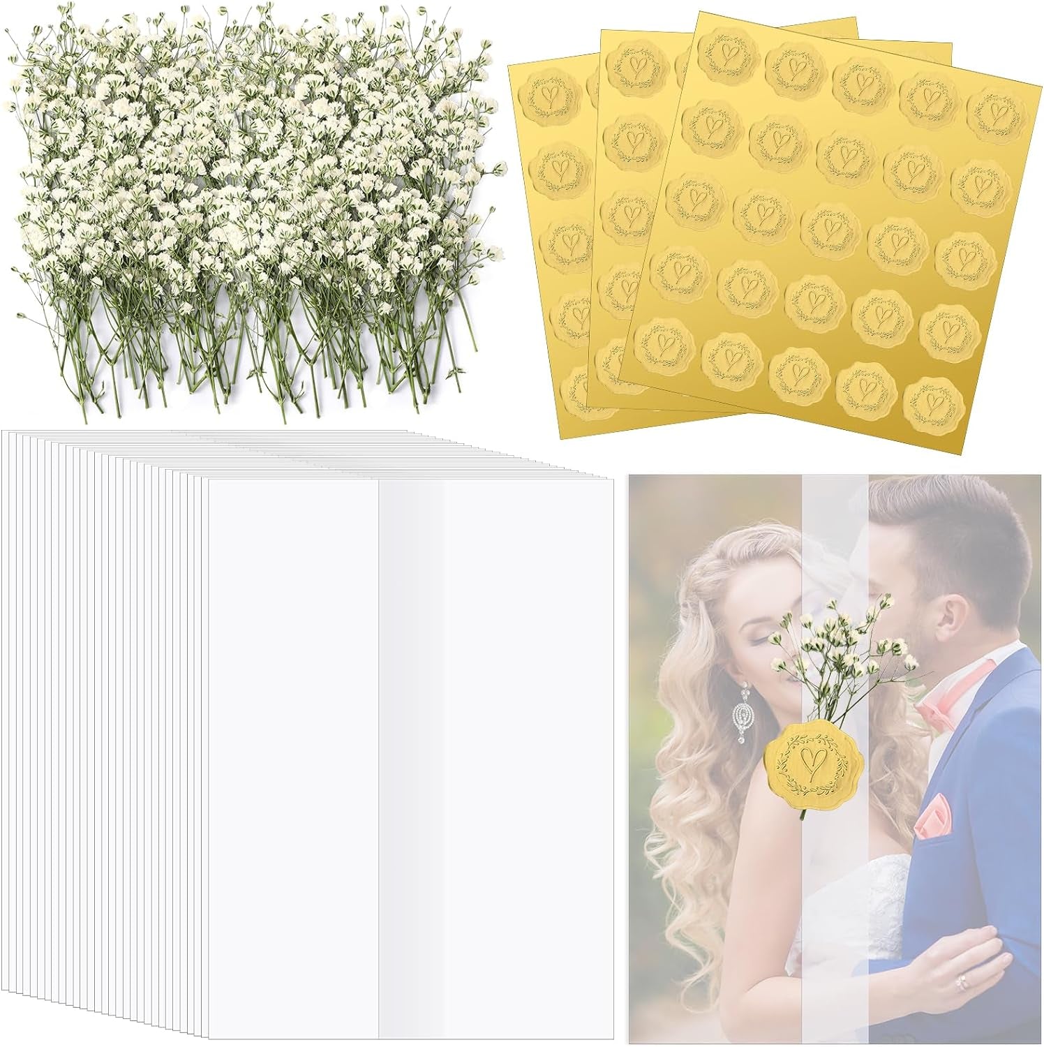 50 Pcs Wedding Invitations Wraps Set Include Pre Folded Vellum Jackets for 5X7 Invitations Natural Dried Pressed Flowers Gold Self Adhesive Envelope Seal Stickers for Craft DIY