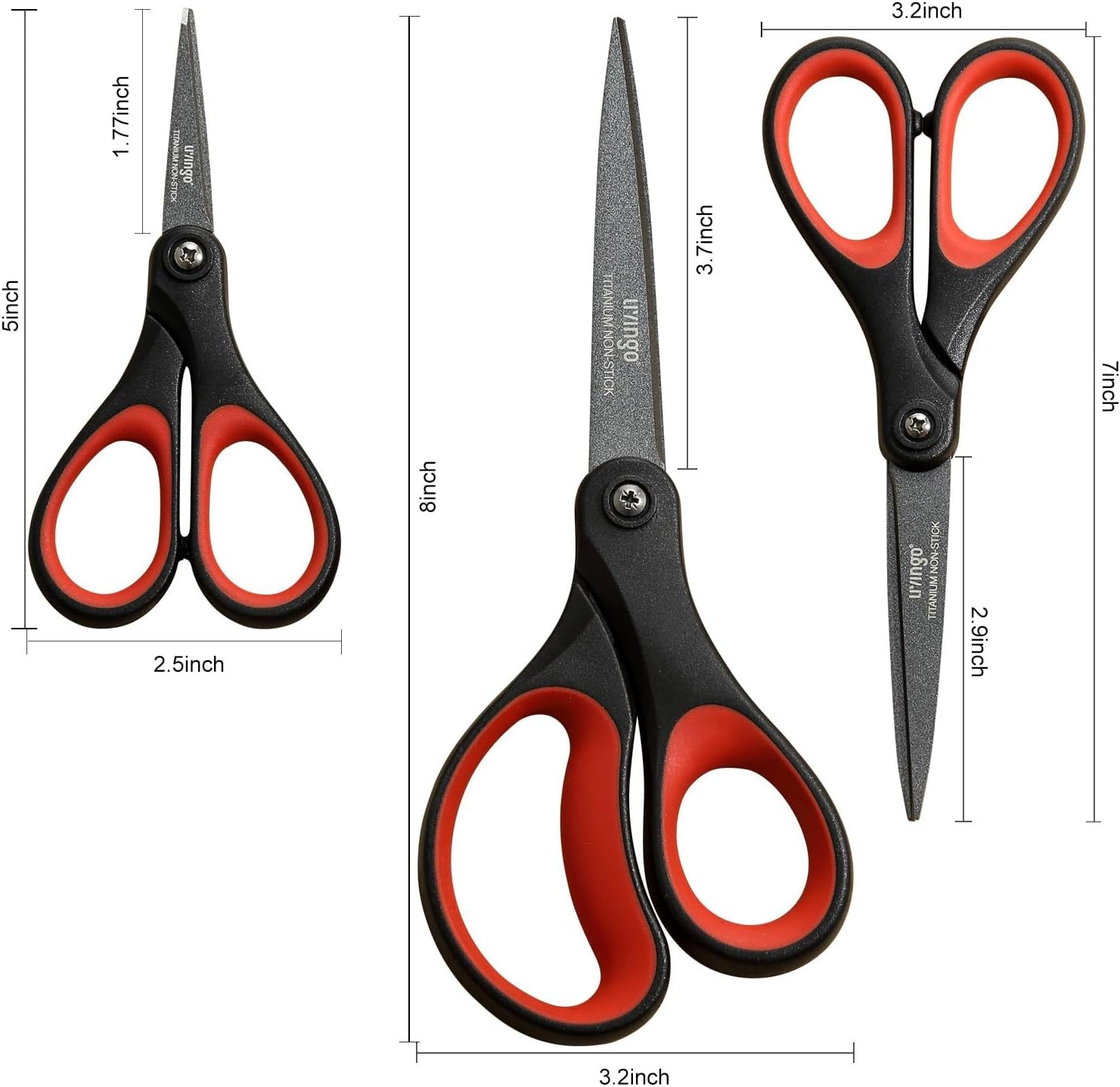 3 Pack Titanium Scissors All Purpose - Non Stick Stainless Steel Sharp Scissors Set Heavy Duty for Office School Sewing Crafting Cutting Fabric Paper, Comfortable Grip, 5”, 7” & 8”