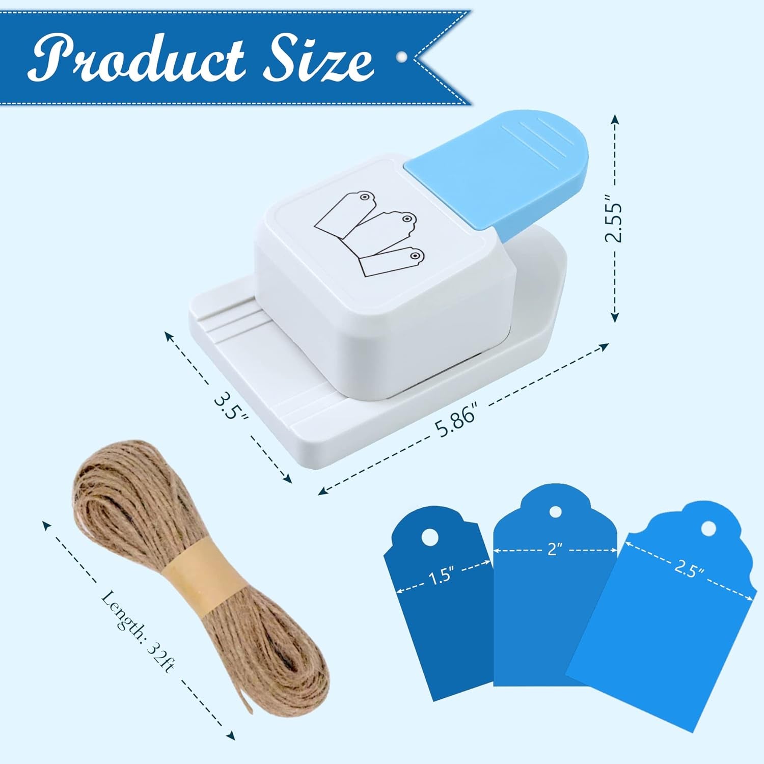 Paper Craft Tag Punch 1.5" 2" 2.5" - with 1 Roll Hemp Rope 32Ft - Tag Shape Lever Action Craft Puncher for Paper Crafting Scrapbooking Cards Arts for DIY Projects