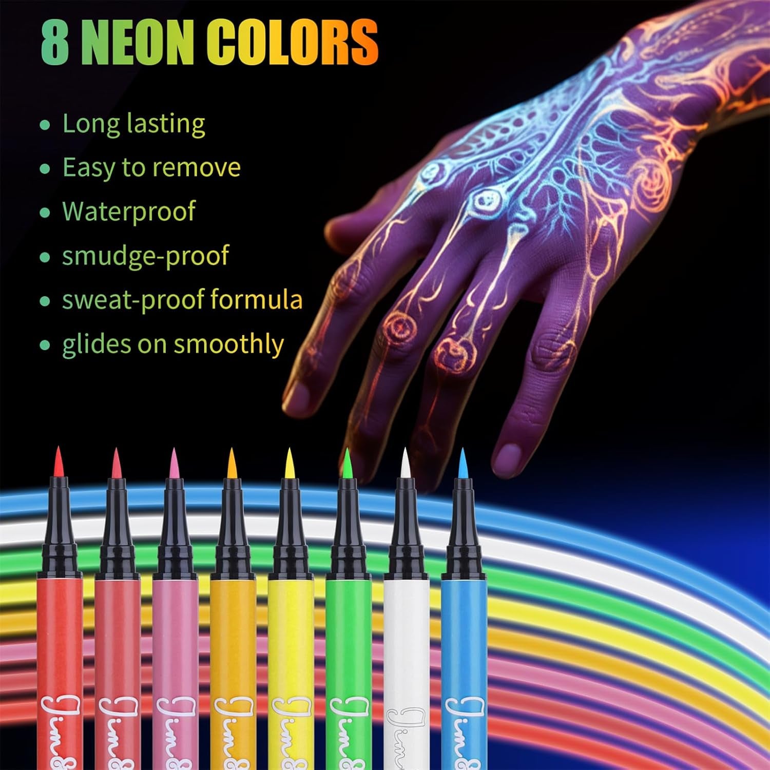 Water-Resistant Face Paint Pen Glow in the Dark under UV Light 8 Neon Rainbow Colors Smudge Proof Waterproof Body Painting Kit for Kids Tattoo Skin Markers Eye Makeup for Halloween