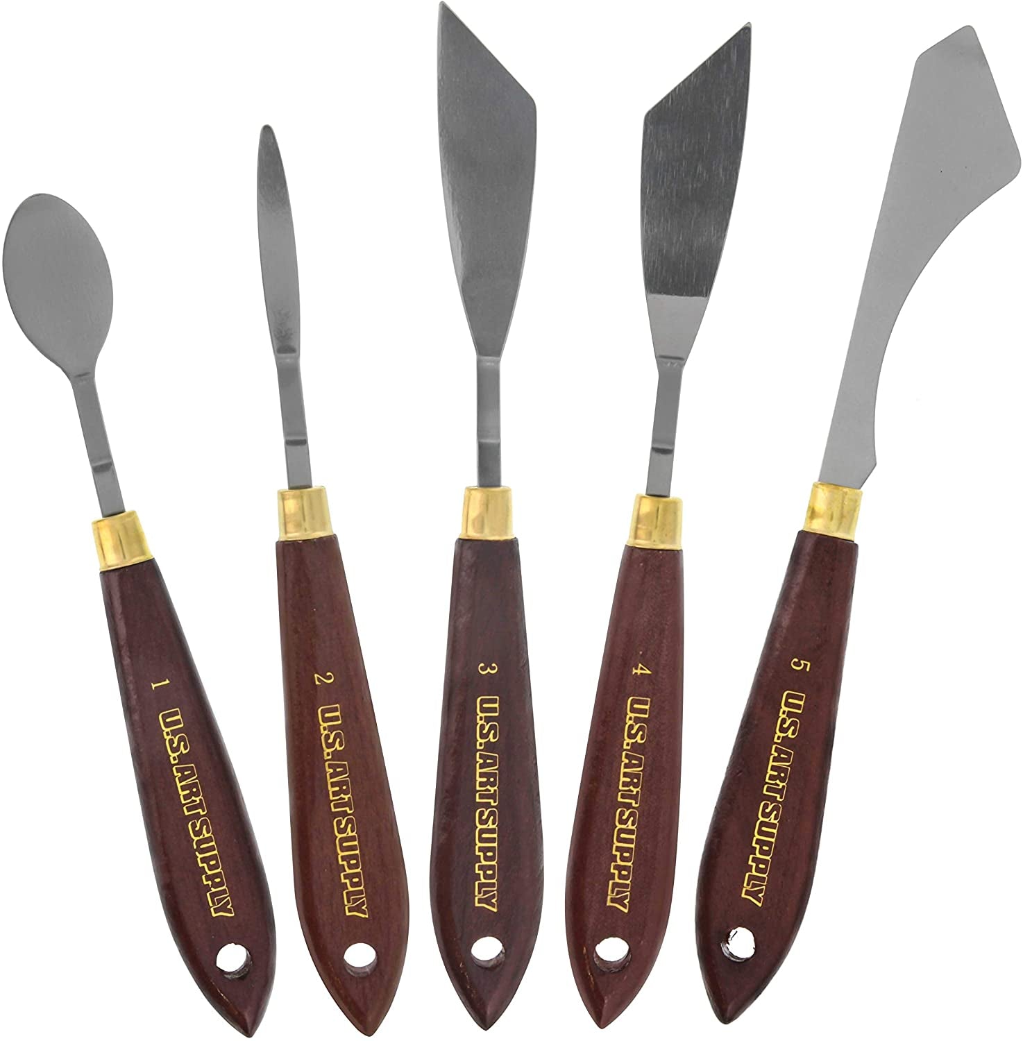 5-Piece Artist Stainless Steel Palette Knife Set - Wood Hande Flexible Spatula Painting Knives for Color Mixing Spreading, Applying Oil, Acrylic, Epoxy, Pouring Paint on Canvases, Cake