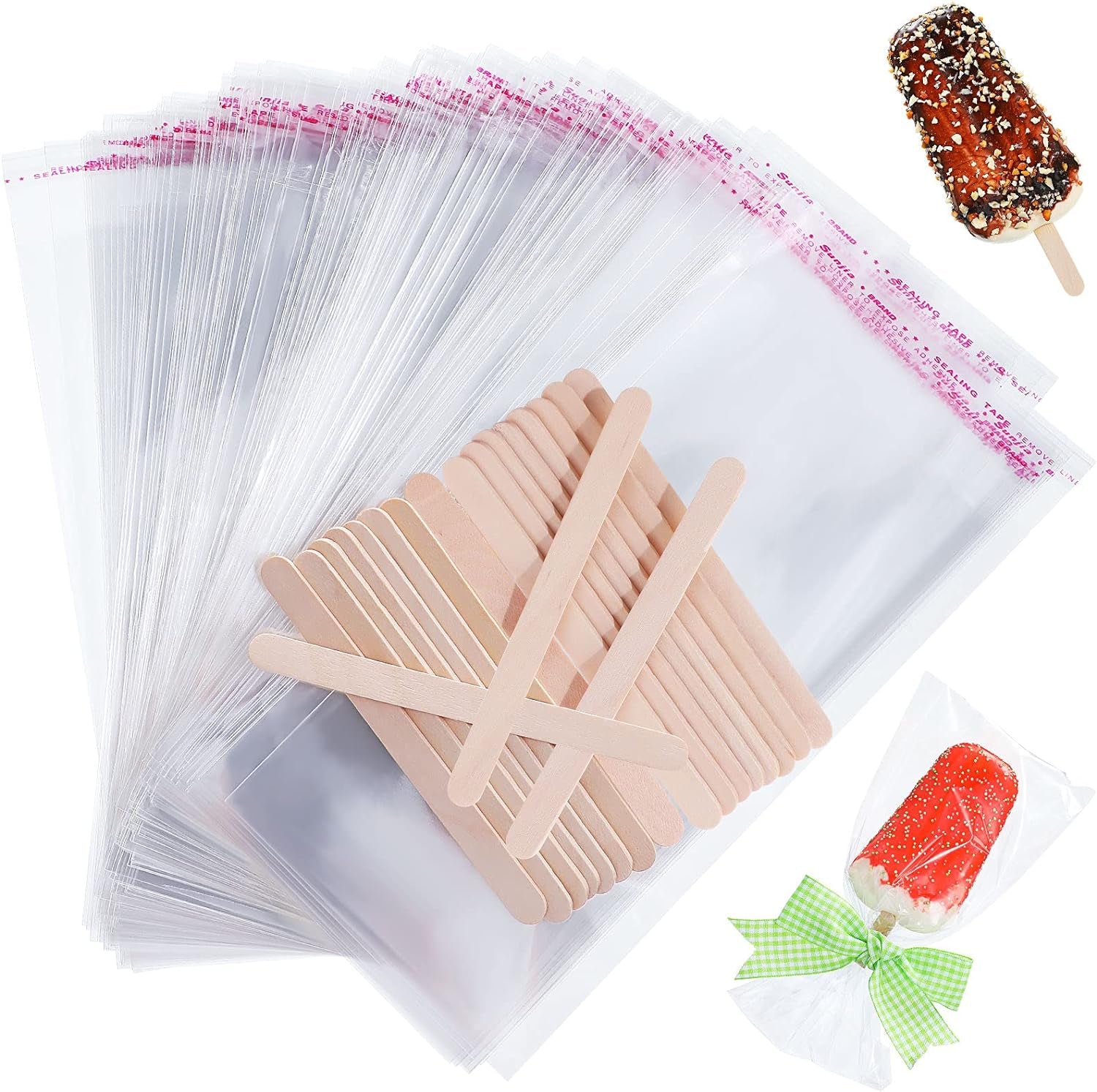 300 Pcs Ice Lolly Sticks and Bags Set, Clear Ice Lolly Plastic Bags Ice Lolly Self-Adhesive Plastic Bags and Ice Lolly Sticks, 4.49 Inch, 8.27 X 3.15 Inch