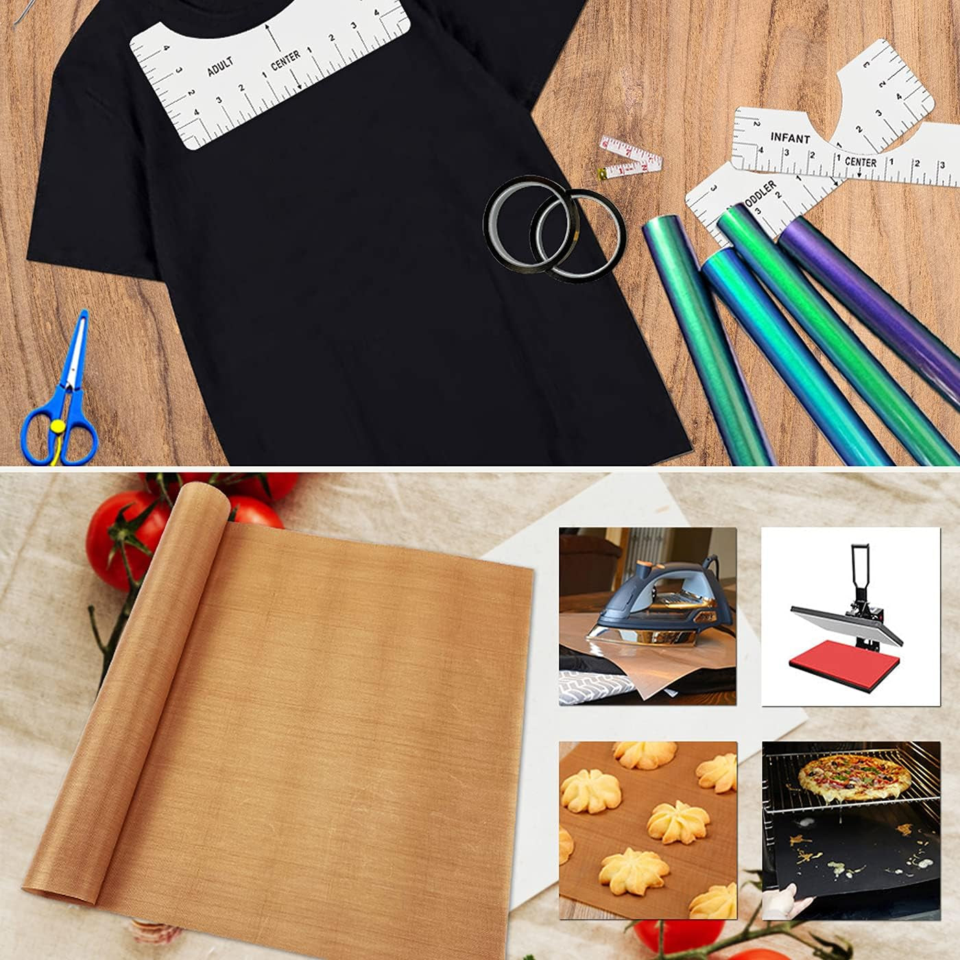 T-Shirt Alignment Ruler Heat Resistant Tape 10Mm X 33M 108Ft, PTFE Teflon Transfer Sheet 16 X 20&quot; - 4 Rulers, 2 Rolls Heat Resistant Tape, 3 Packs PTFE Teflon Sheet and 1 Tape Measure Included