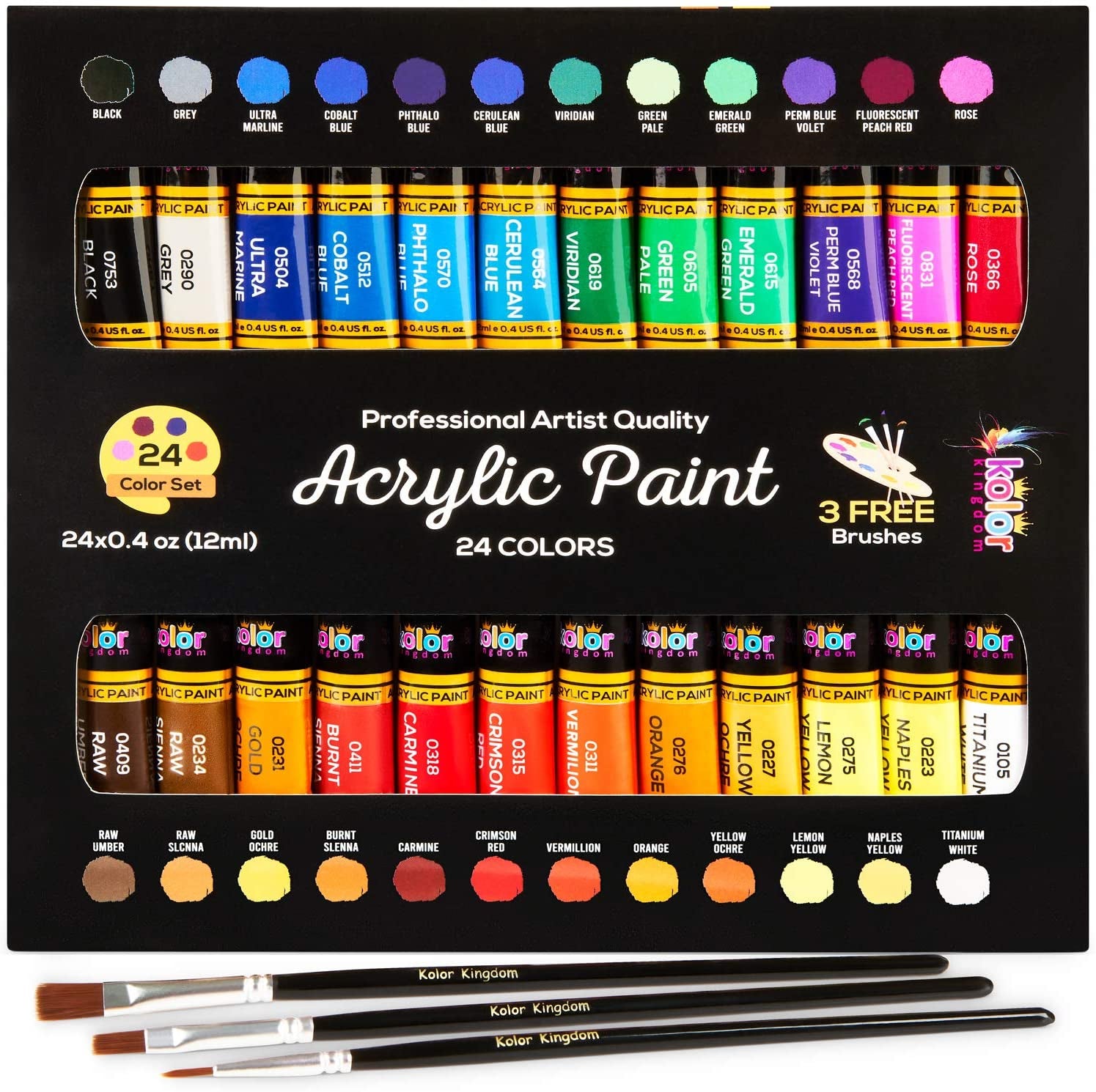 Acrylic Paint Set Canvas Art Paints 24 Colors (0.41Oz,12 Ml) with 3 Brushes - Painting Canvas, Paper, Wood, Rock, Ceramic &amp; Fabric