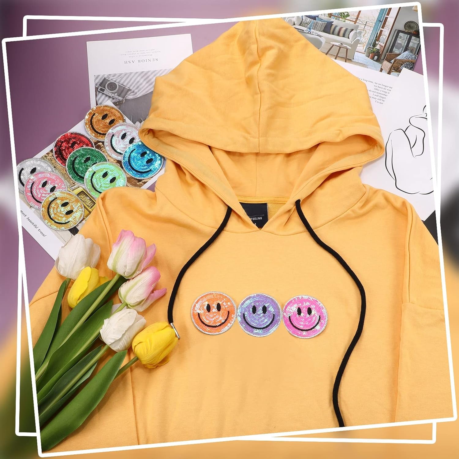 24 Pcs Smile Face Patch Iron on Patches 2 Inch Chenille Cute Preppy Happy Face Patches Glitter Heat Sequins Applique for Backpacks Hats Clothes Jackets Decorative DIY Craft(Sequin Style)