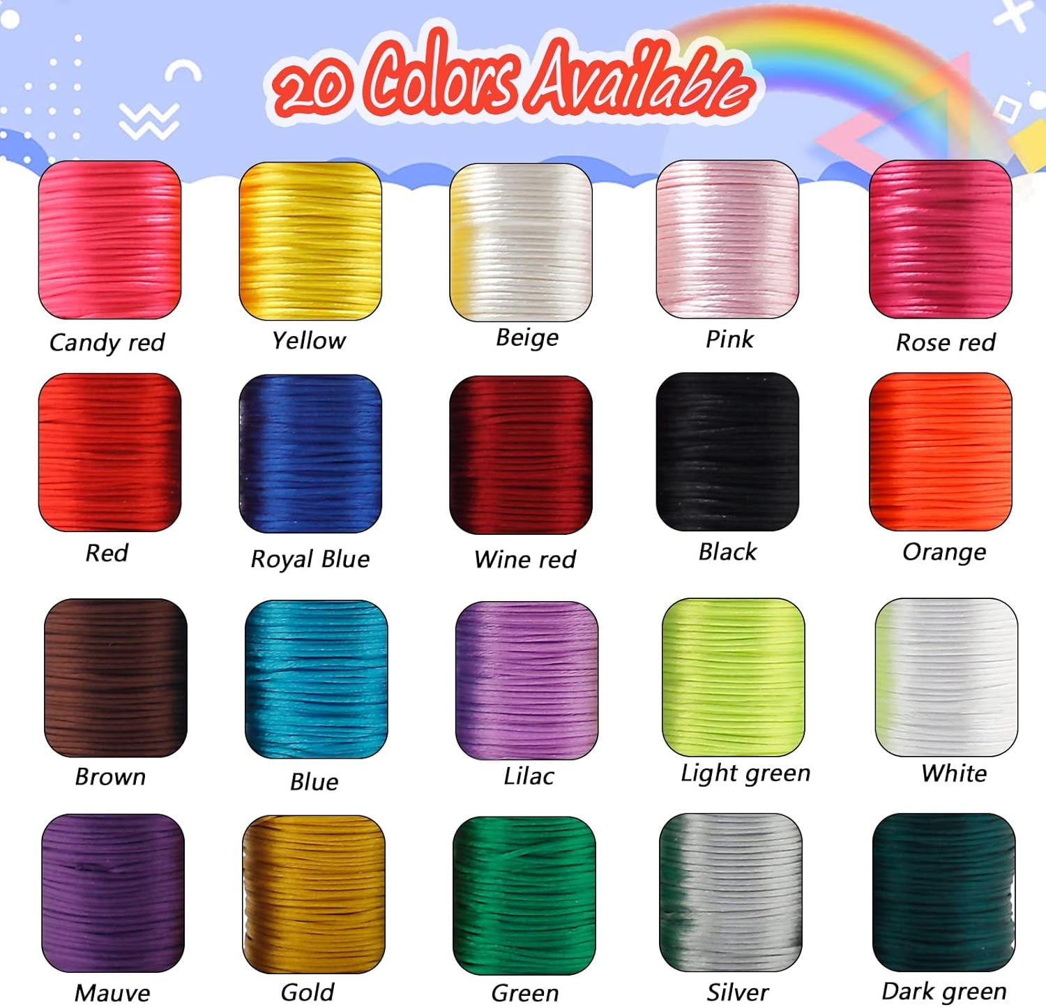 656 Yards 1Mm Rattail Satin Nylon Trim Cord 20 Colors Silk Cord Beading String for Necklace Macrame Friendship Bracelet Chinese Knot Kumihimo Dream Catchers Braid Hair