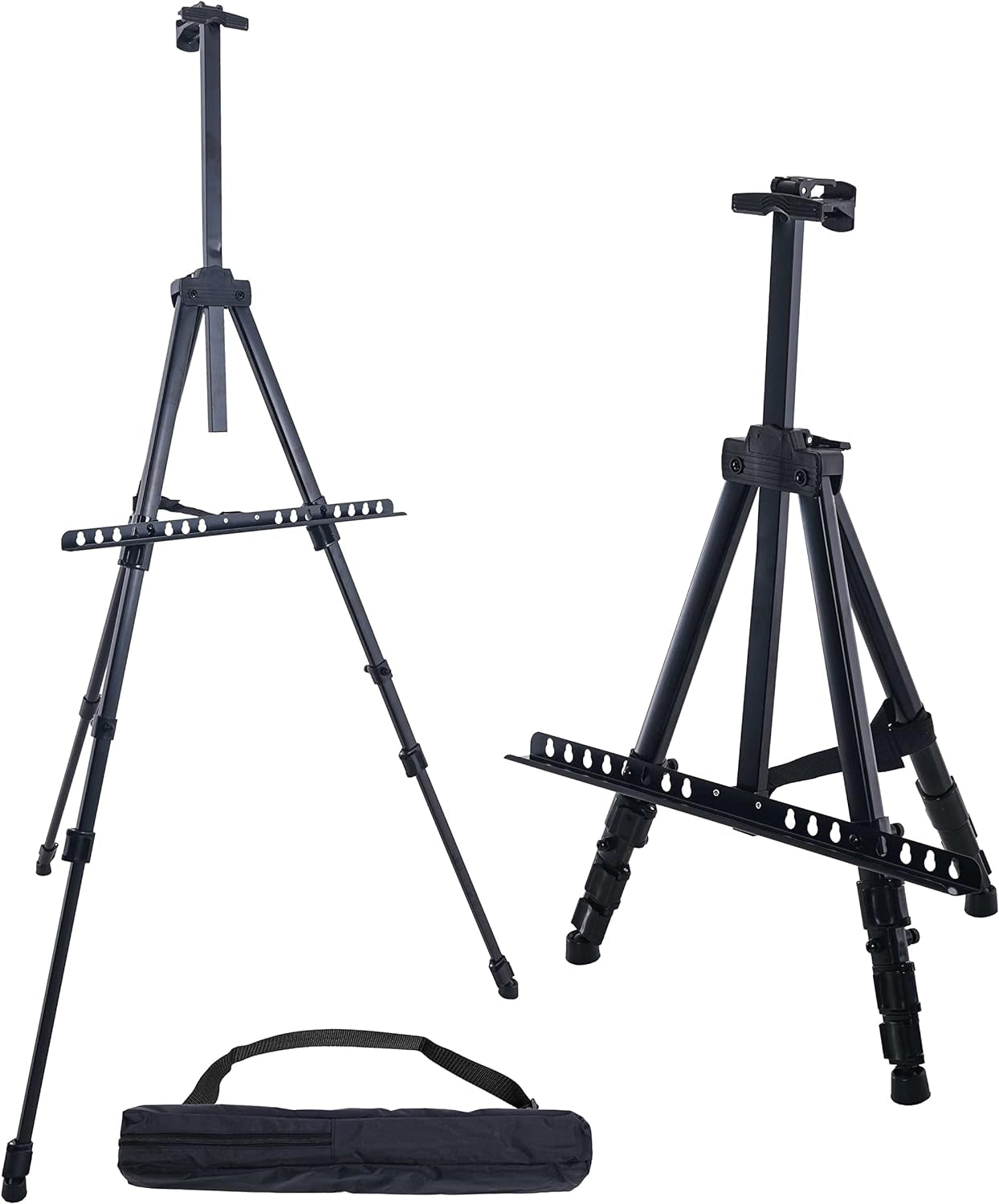 - 66 Inch Sturdy Black Aluminum Tripod Artist Field and Display Easel Stand - Adjustable Height 20" to 5.5 Feet, Holds 32" Canvas - Floor and Tabletop Displaying, Painting