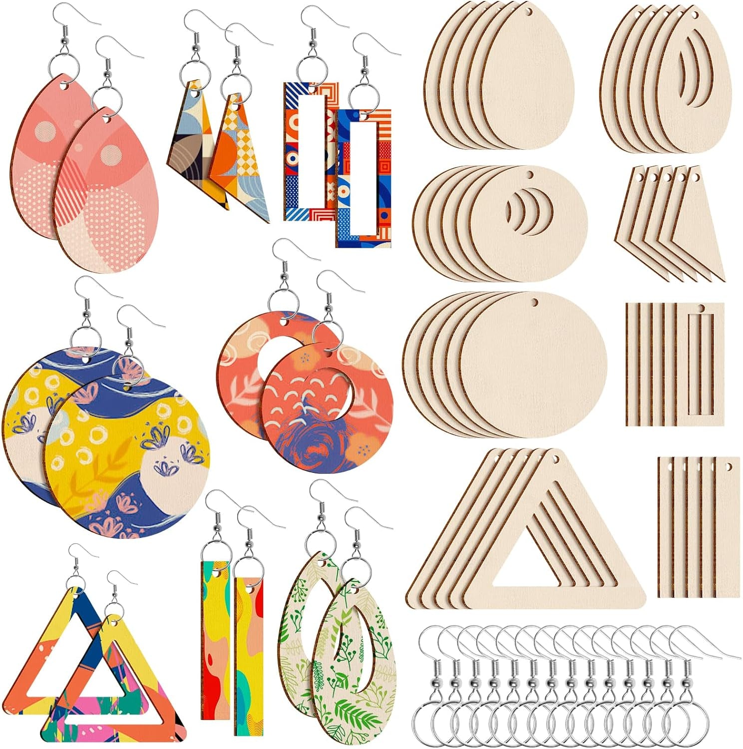 280 Pieces Unfinished Wooden Earrings Blanks Wooden Teardrop/Circle/Triangle/Rectangle Shapes Earrings Pendants Wood Earring Pendant Pieces with 100 Pieces Hooks & 100 Pieces Rings