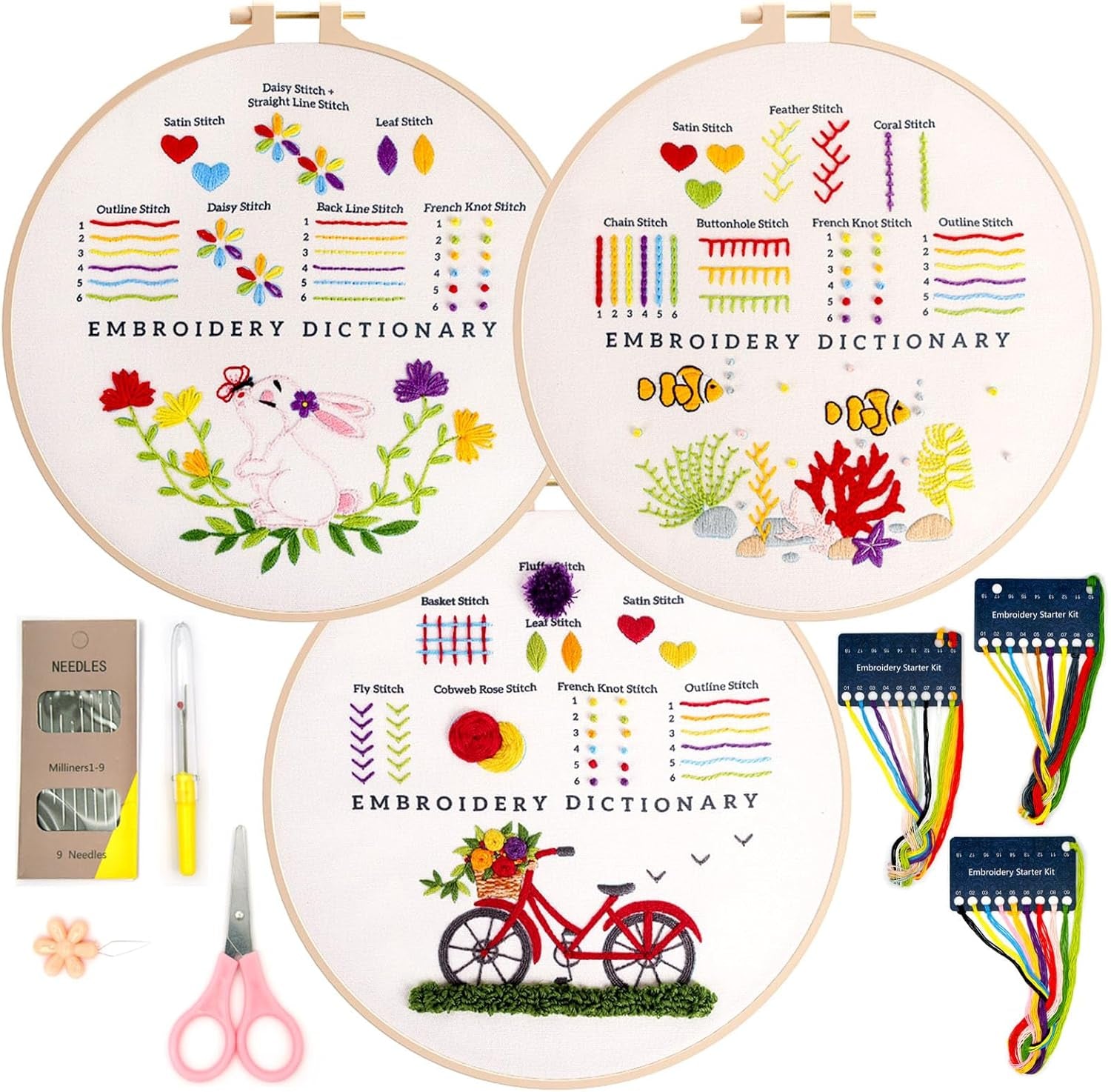 3 Sets Learn to Embroider Kit, Begginer Embroidery Kit for Adults, Embroidery Starter Kit with Patterns, Needles, Ajustable Hoop, Instructions