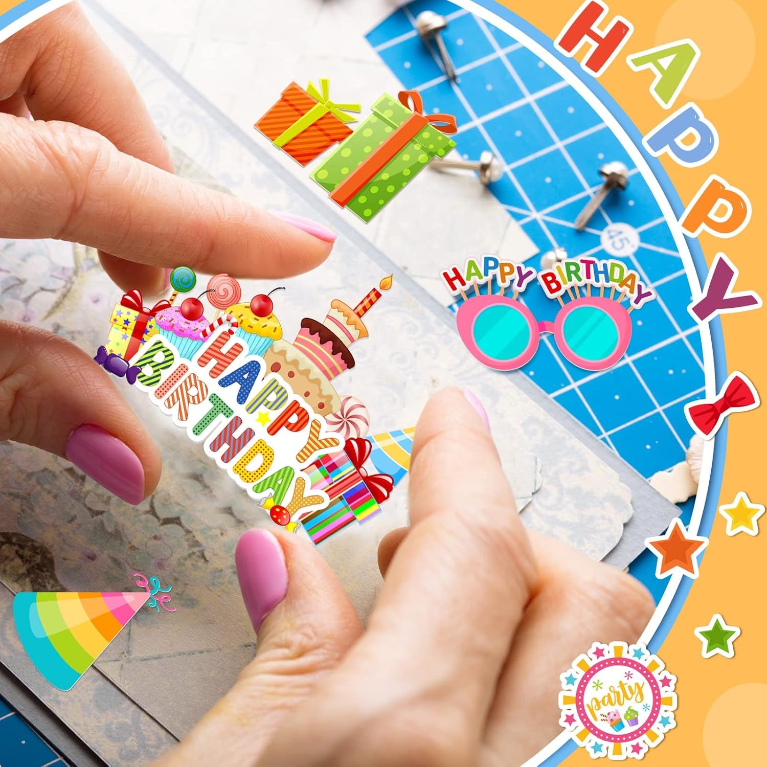 100 Pcs Birthday Paper Die Cuts Cardstock Birthday Scrapbook Die Cuts DIY Scrapbooking Cutouts for Birthday Scrapbook Notebook Suitcase Calendar Laptop Embellishments Supplies Craft Making Decoration