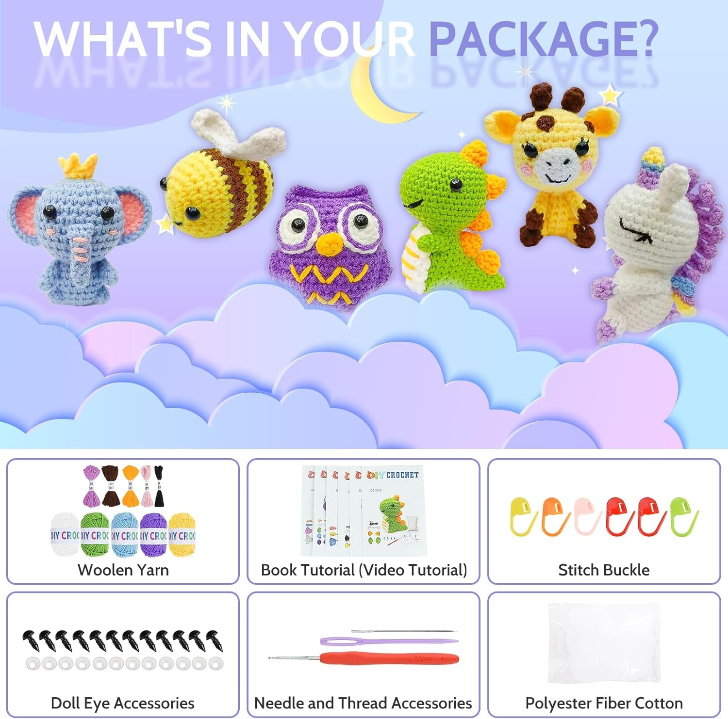6Pcs Crochet Starter Kit Beginner for Adults - Knitting Kit for Adults and Kids Beginners - Amigurumi Crocheting Animals Kits with Step-By-Step Video Tutorials Dinosaur, Rainbow Bee, Unicorn