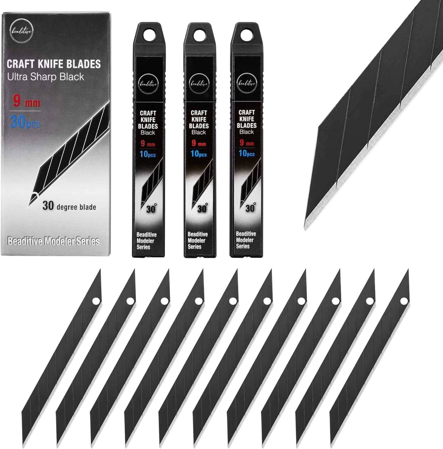 Detail Craft Knife Blades (30 Pcs) - 30 Degree Snap-Off Utility Knife Blade - Art, Craft, Model Making (Ultra Sharp Black)