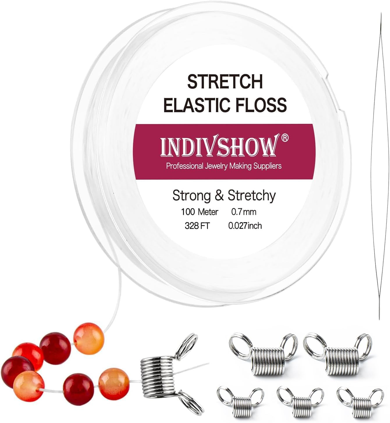 Elastic Bracelet String Cord Stretch Bead Cord with 6Pcs Bead Stoppers and 1Pc Big Eye Beading Needle for Jewelry Making and Bracelet Making White