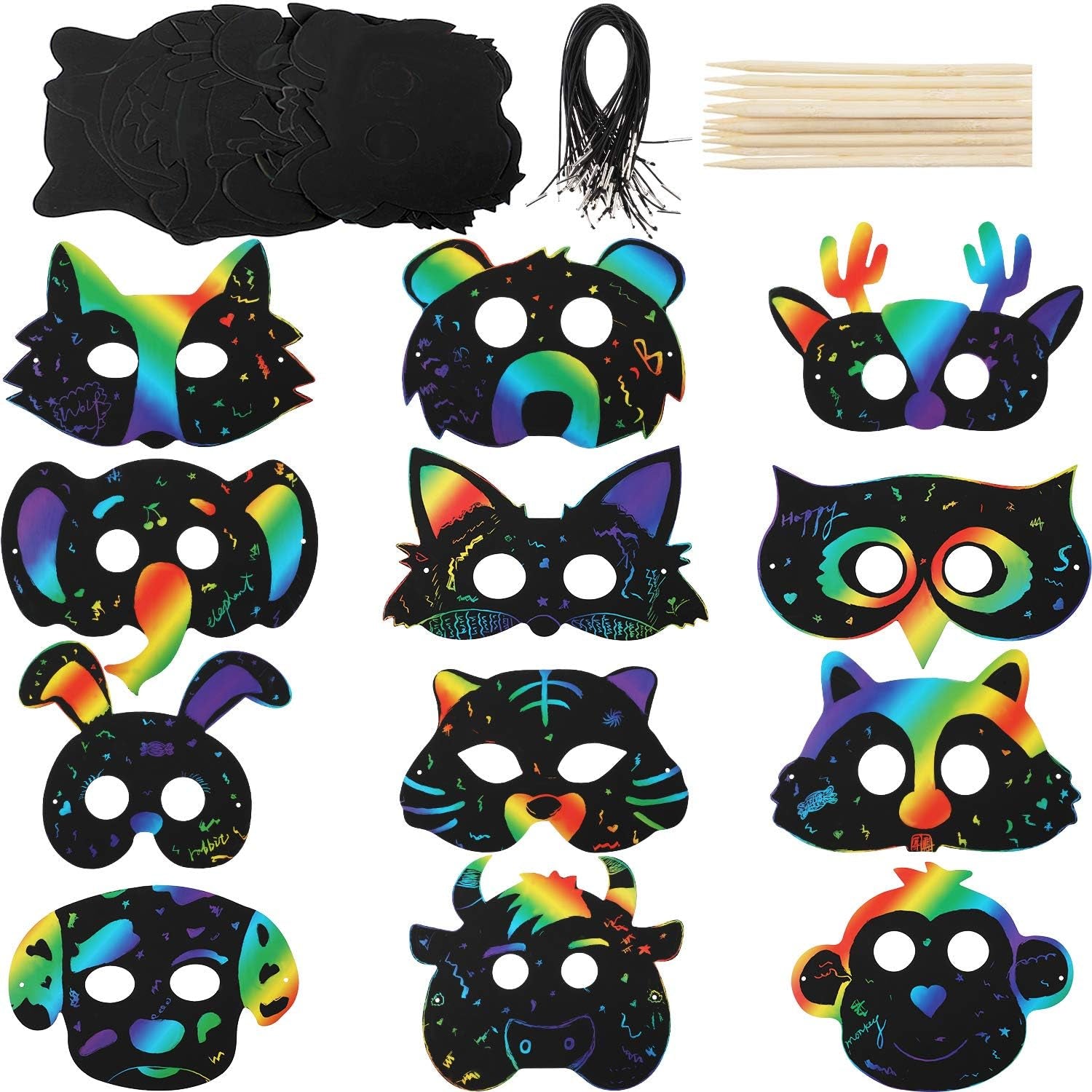 36 Pieces Scratch Paper Animal Masks Rainbow Masks with Elastic Cords and 12 Pieces Wood Stylus for Costume Dress up Parties Decorations and DIY