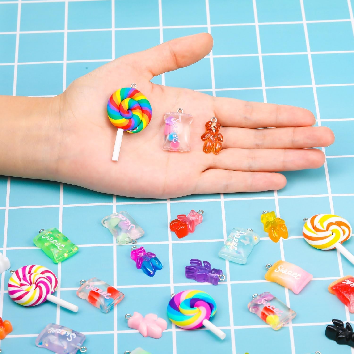 70 Pieces Colorful Candy Pendant Charm for Jewelry Making Cute Bear Lollipops Polymer Clay Resin Charms for DIY Keychain Necklace Bracelet Earring Craft