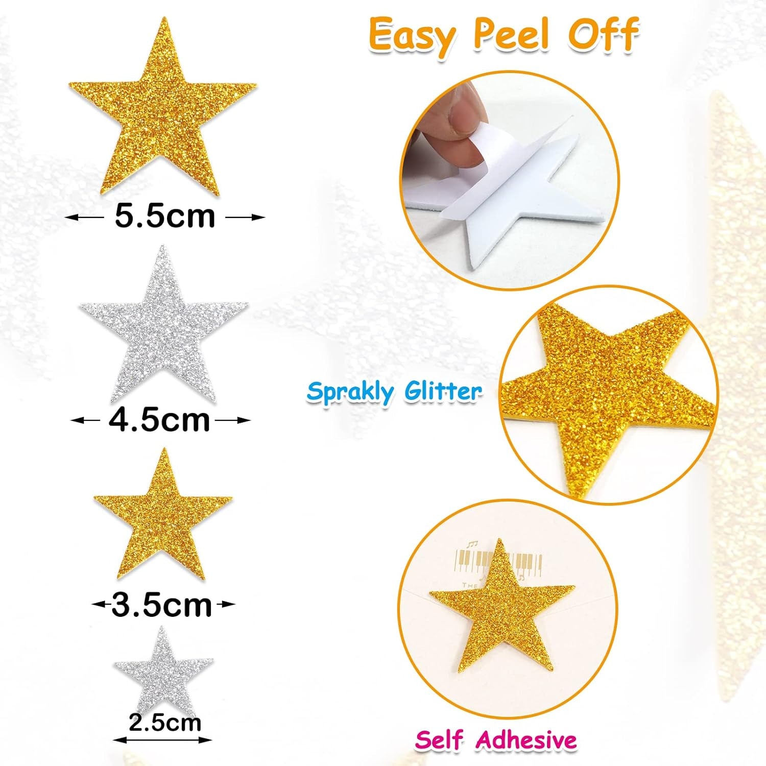 Glitter Star Foam Stickers - Sparkly Gold and Silver,Self Adhesive for Kids Crafts - Large & Small Sticky Stars Shape Pack of 208 PCS.