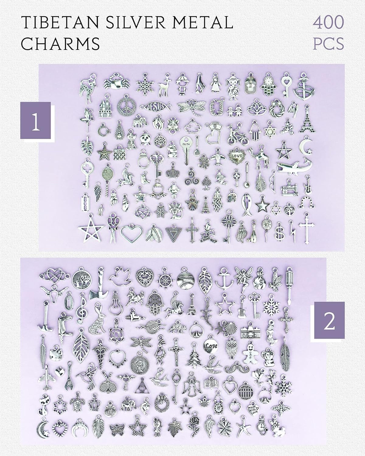 400 PCS Wholesale Bulk Lots Jewelry Making Charms Mixed Smooth Tibetan Silver Alloy Charms Pendants DIY for Bracelet Necklace Jewelry Making and Crafting