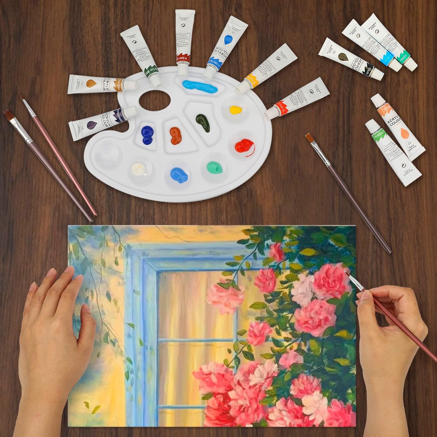 Acrylic Paint Set with 3 Paint Brushes, 24×12Ml Colors Premium Paint Set with 1 Palette 1 Canvas Boards, Art Painting Kits for Adults, Paint Supplies for Canvas Rock Painting Craft Art Class