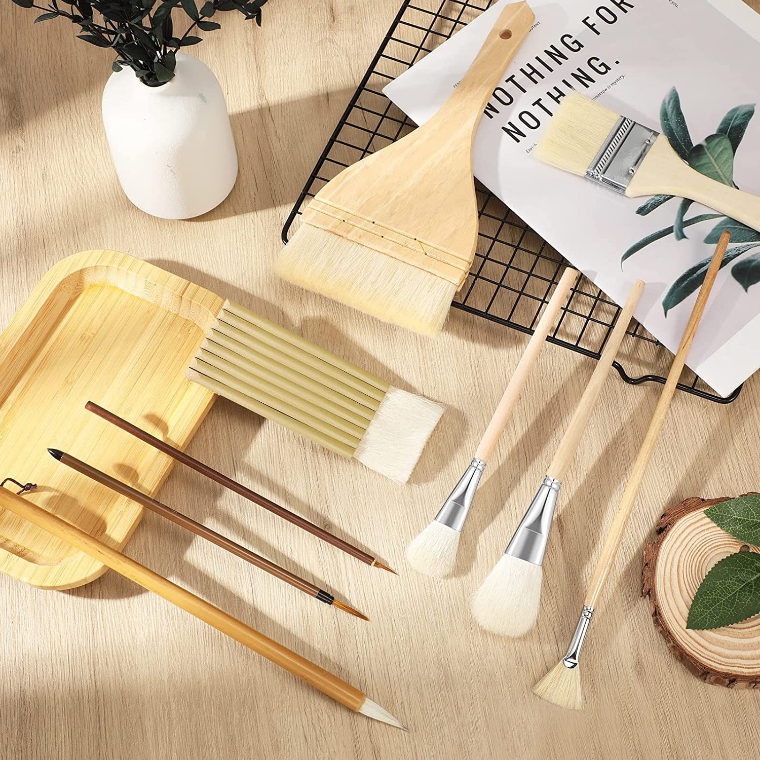 9 Pcs Pottery Glaze Brushes Ceramic Brushes Set Different Shapes Glaze Brushes for Pottery Acrylic Watercolor Wool Bristle Art Paintbrush Sets for Painting Artists Rock Students Adults Kids