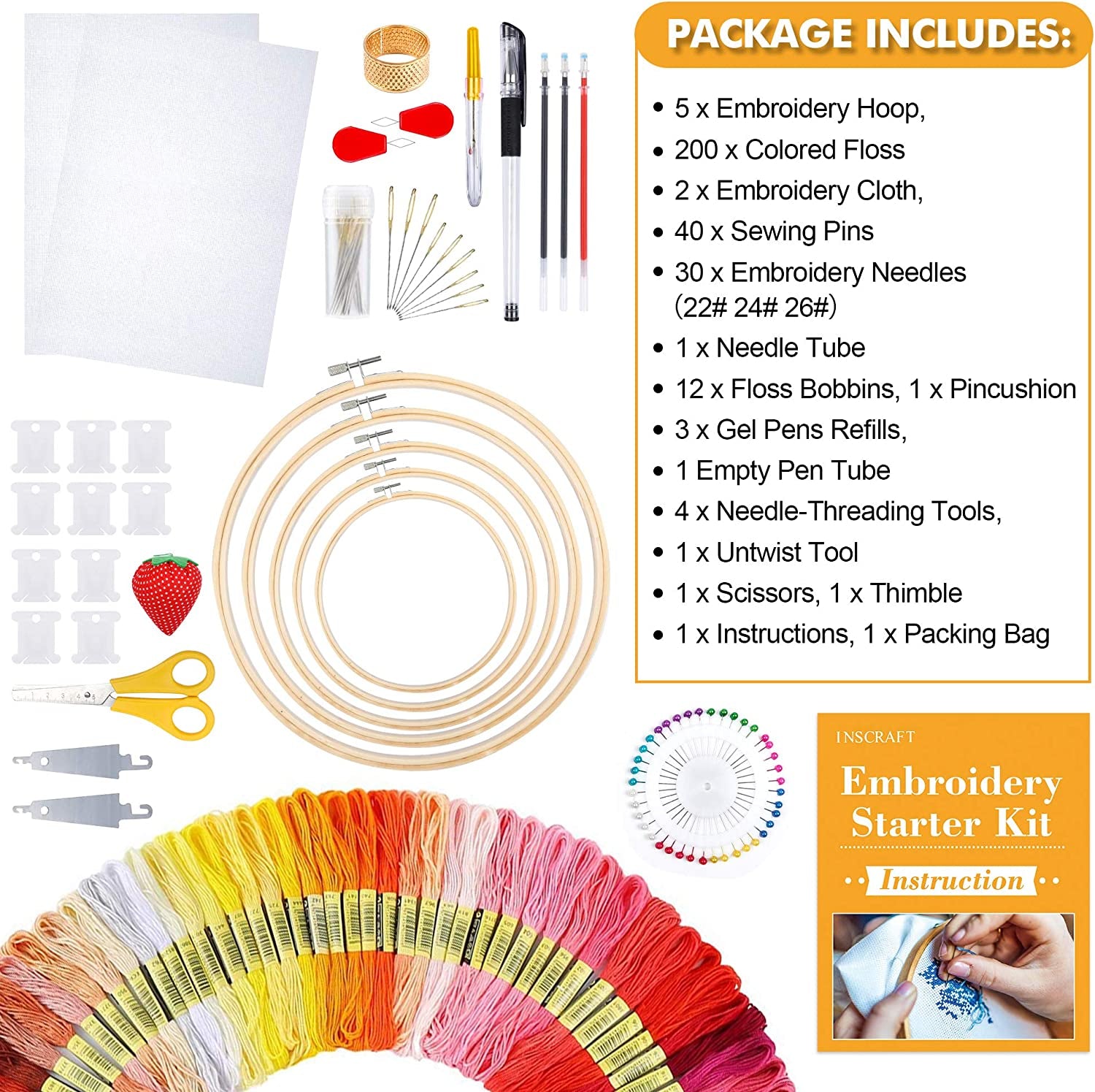 304 Pack Embroidery Kit, 200 Colors Threads, 5 Pcs Bamboo Embroidery Hoops, 2 Pcs Aida Cloth, Instructions, Bag and Cross Stitch Tools Set, Hand Embroidery Starter Kit for Beginners Adults